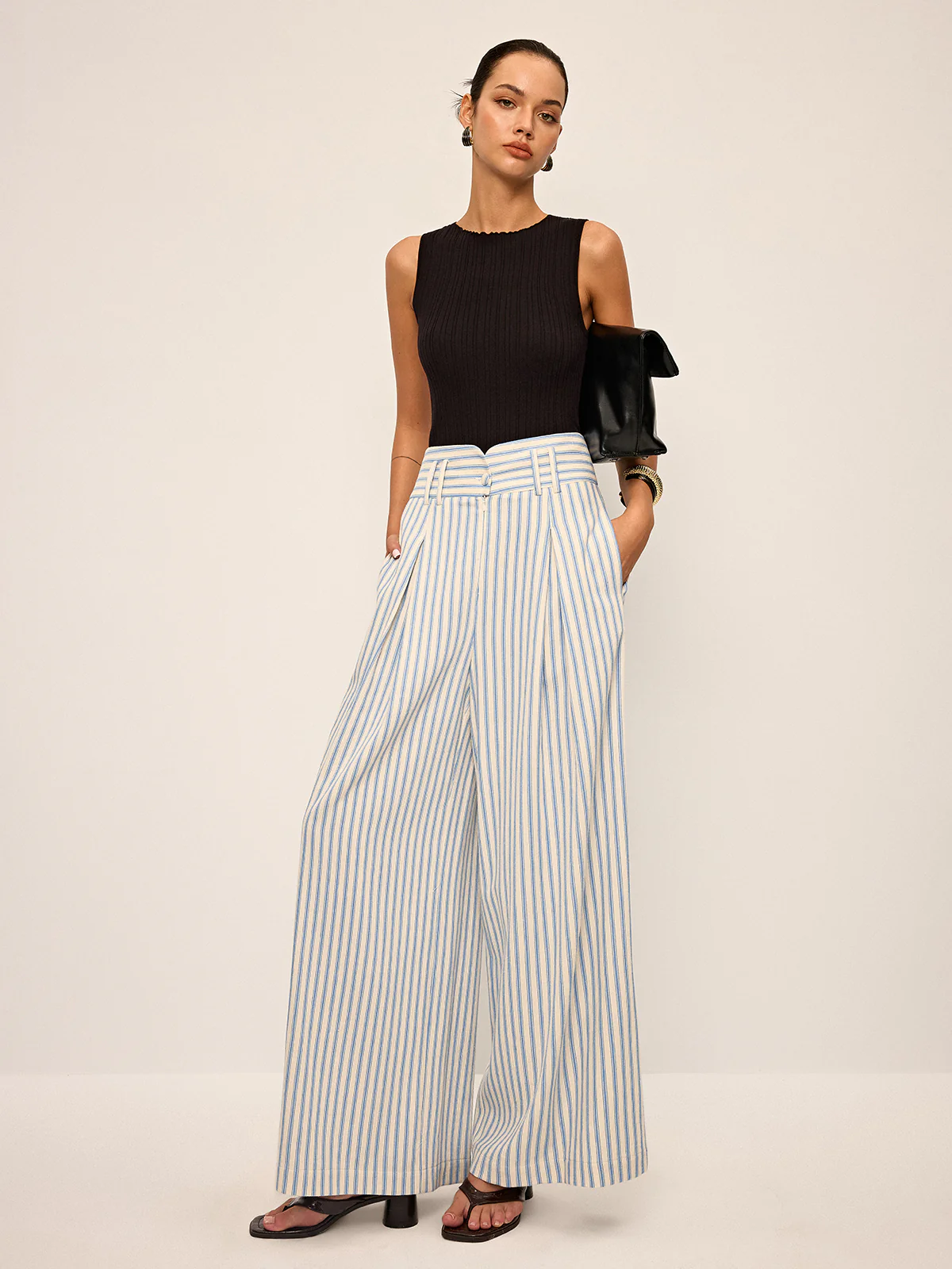 Cotton Striped Pleated Wide-Leg Pants - Wholesalesil