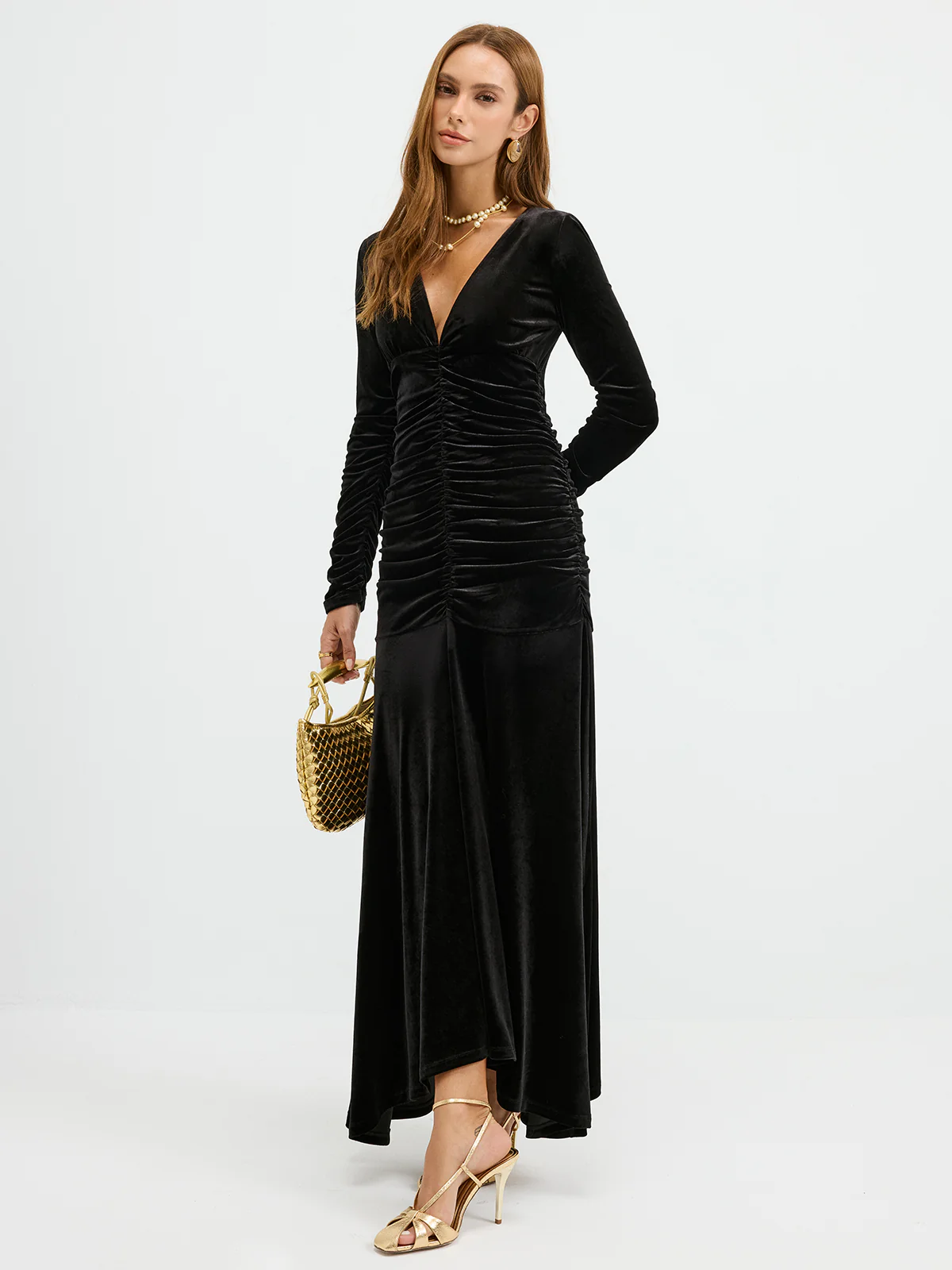 Velvet Ruched Plunge Maxi Dress - Wholesalesil