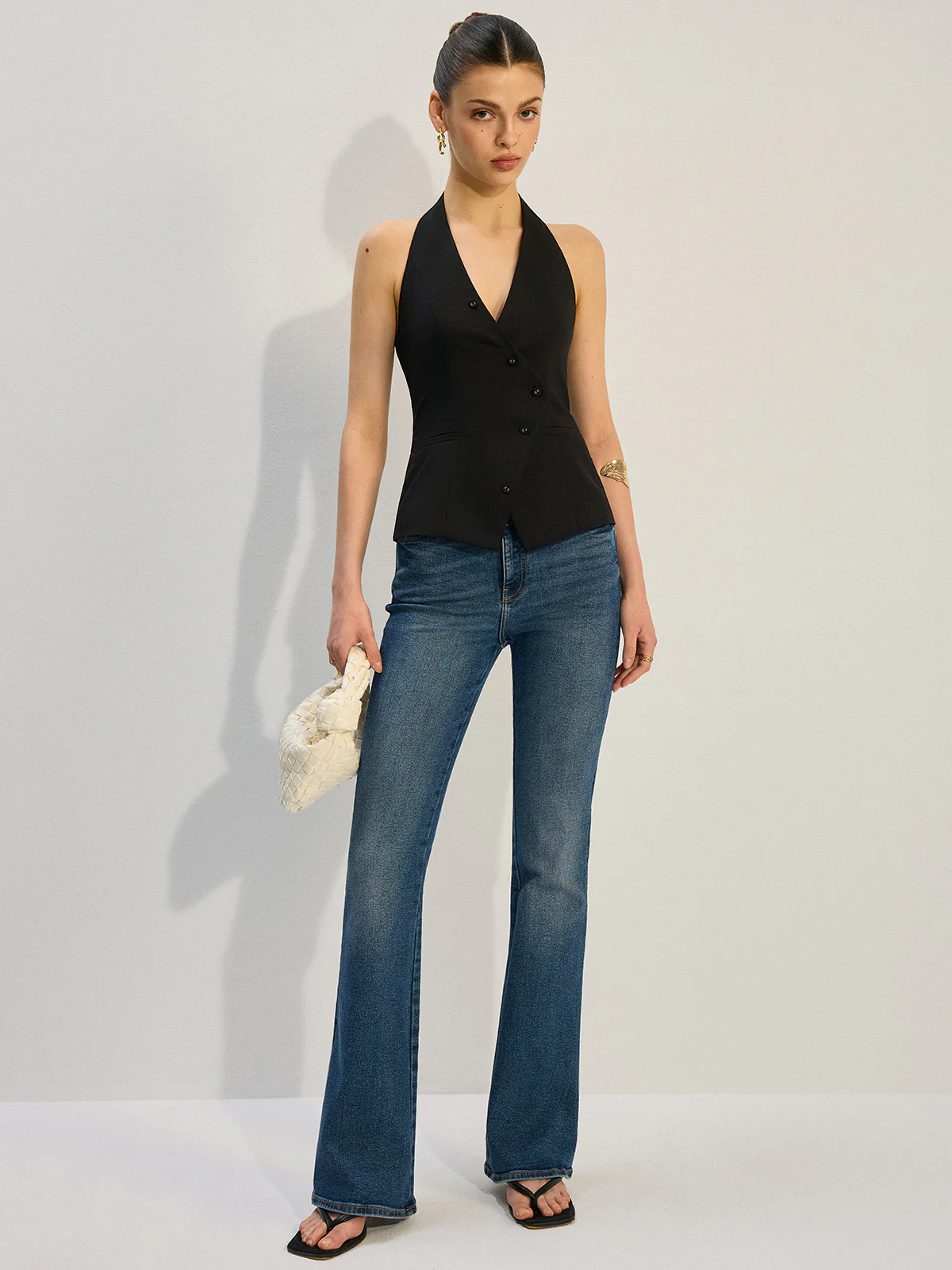 Halter Neck Asymmetric Buttoned Vest - Wholesalesil