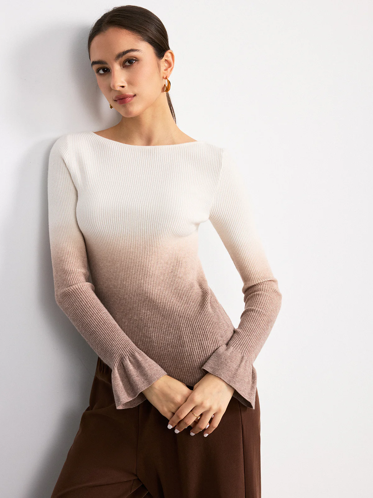 Flared Cuff Ombre Ribbed Knit Top - Wholesalesil
