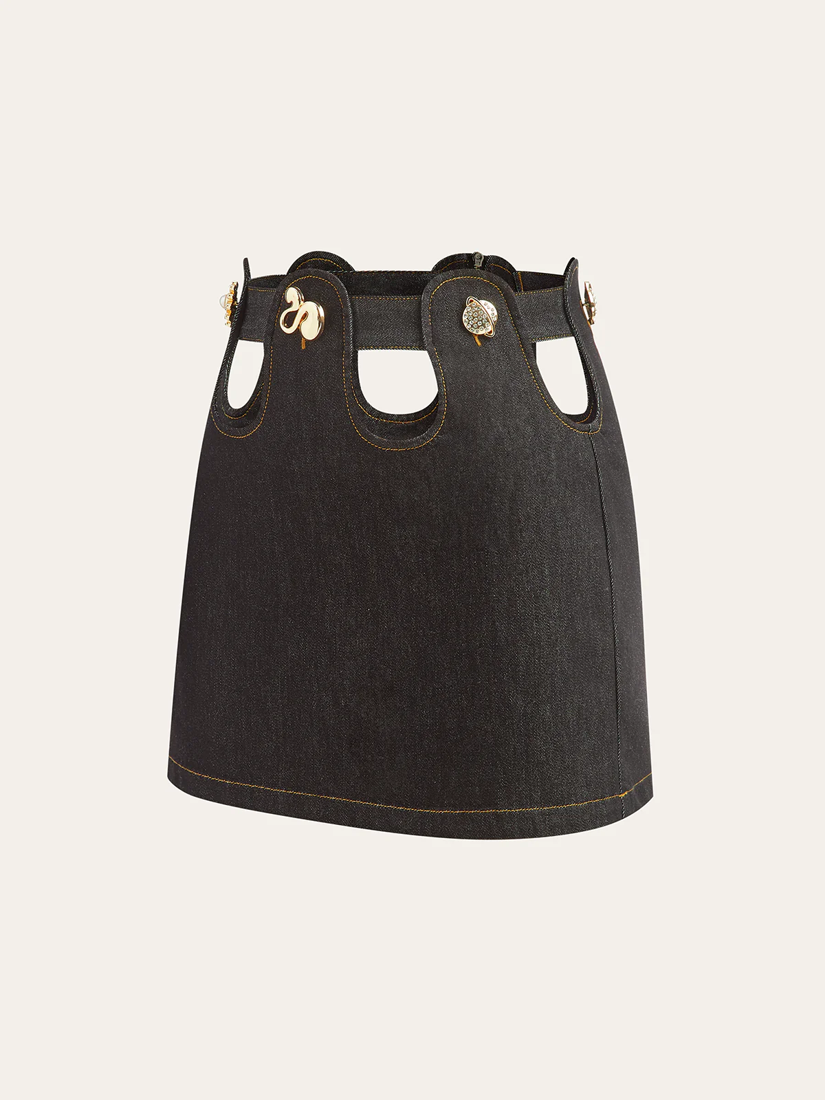 Metal Decor Cut-Out Denim Mini Skirt - Wholesalesil