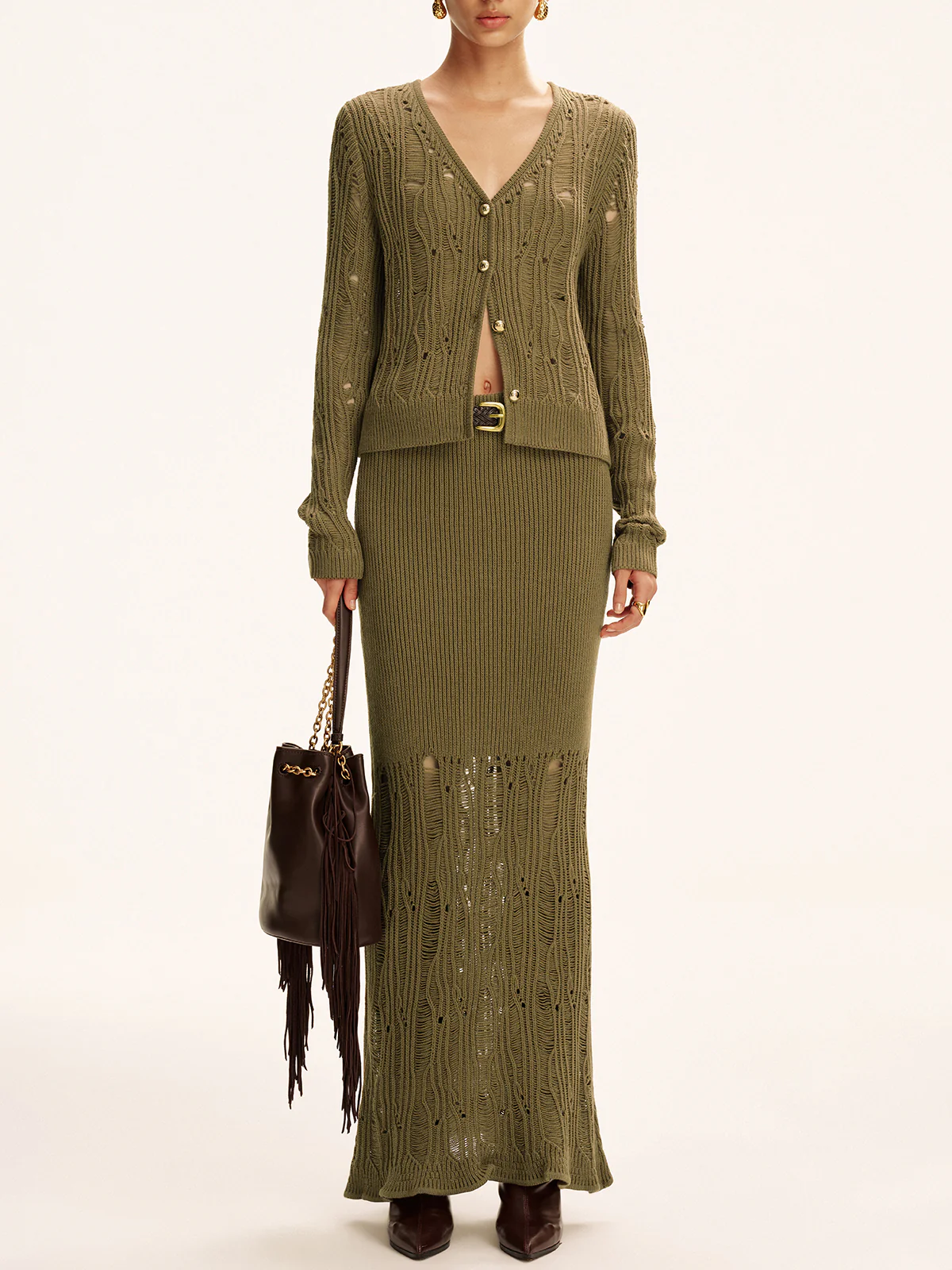 Metal Button Openwork Knit Skirt Set - Wholesalesil