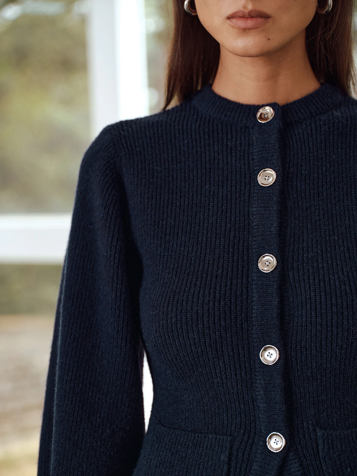 Button-Front Crew Neck Ribbed Knit Cardigan - Wholesalesil
