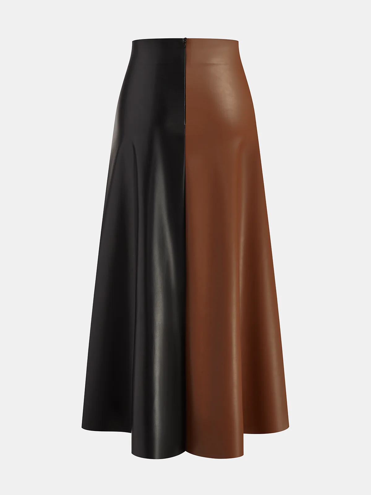 Color Block Asymmetric Faux Leather Midi Skirt - Wholesalesil