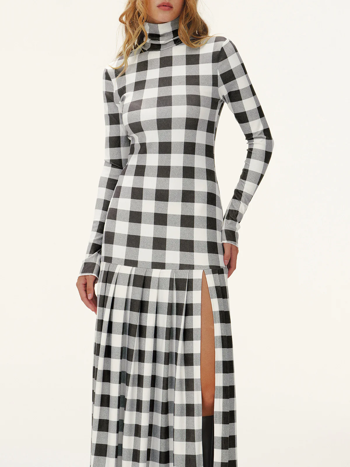Plaid Turtleneck Long Sleeve Slit Maxi Dress - Wholesalesil