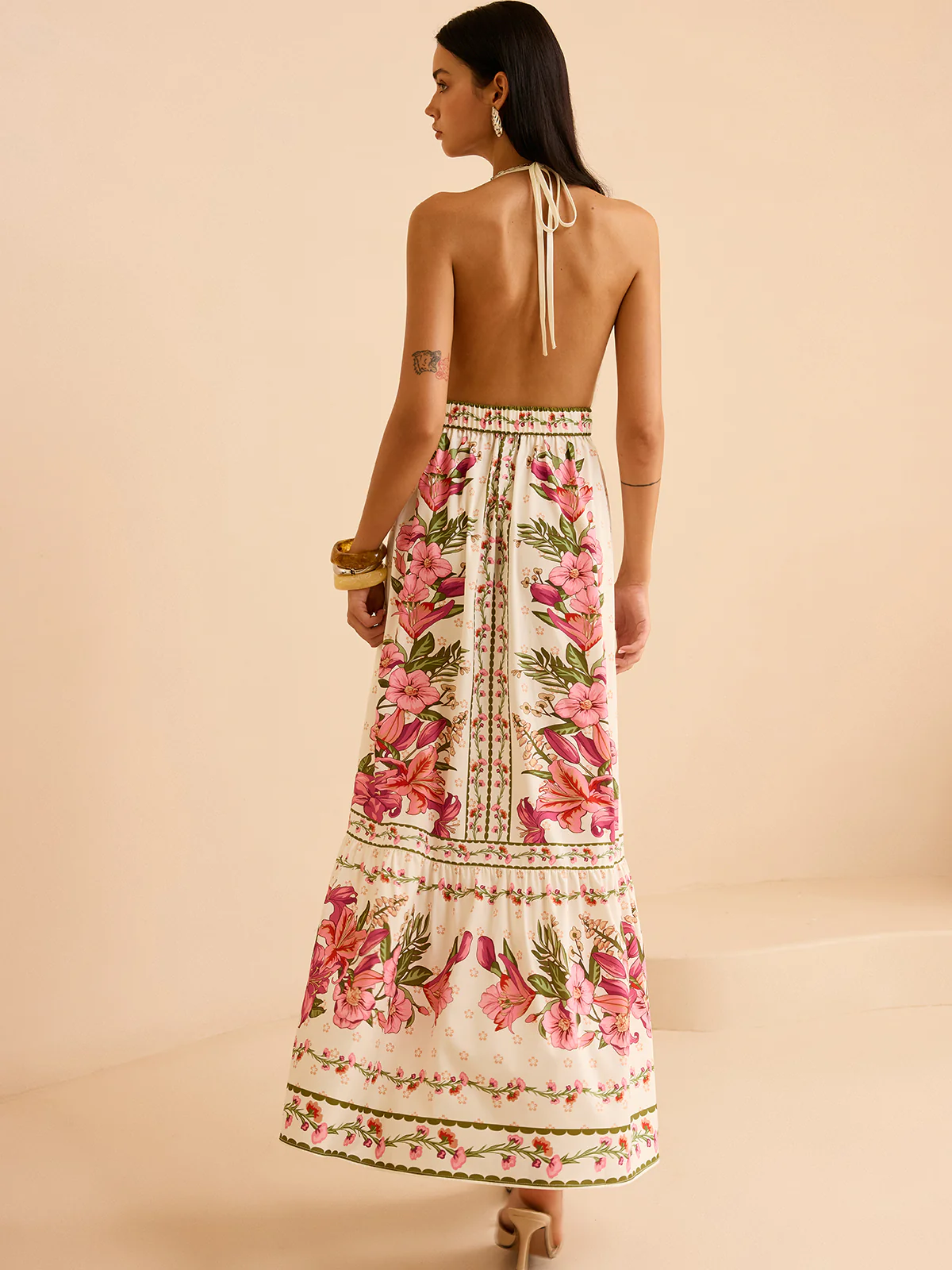Floral Print Halter Backless Maxi Dress - Wholesalesil