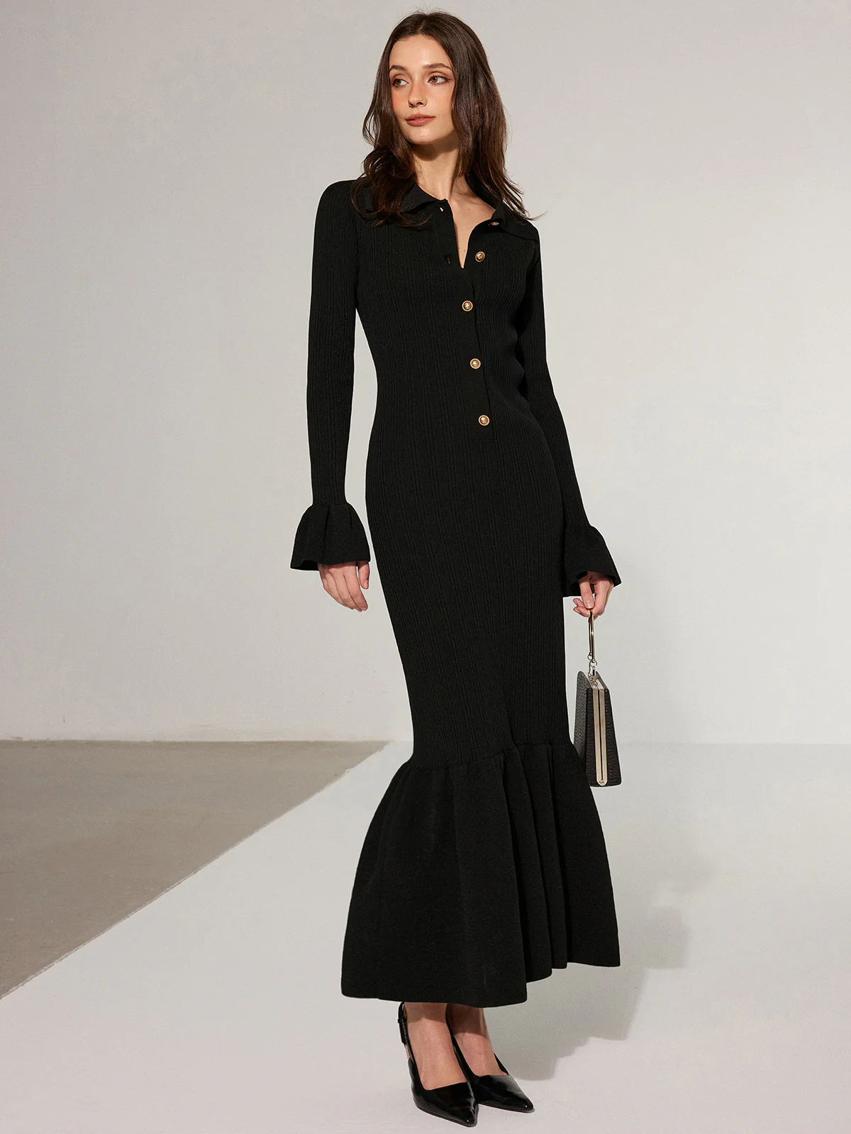 Mermaid Hem Collared Knit Maxi Dress - Wholesalesil