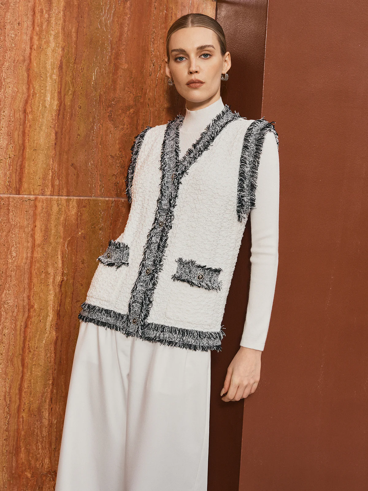 Oversized Contrast Fringe Trim Textured Vest - Wholesalesil