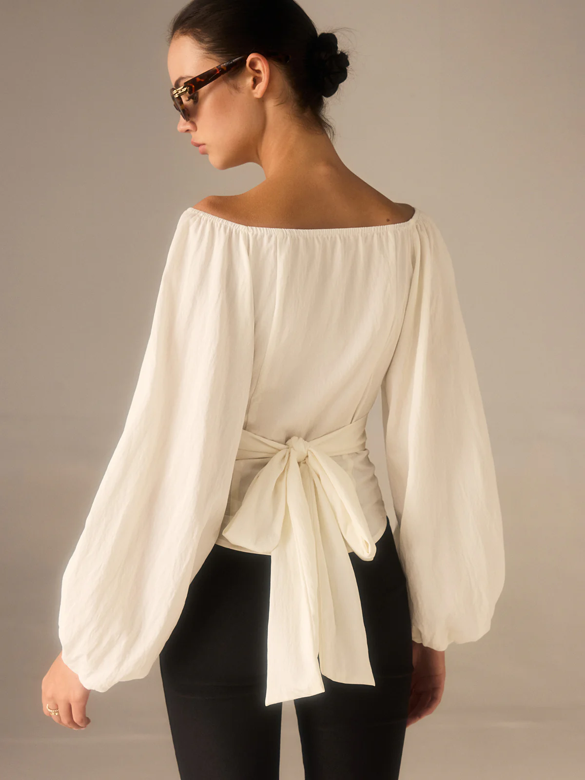 Off-Shoulder Lantern-Sleeve Top with Bow Back - Wholesalesil