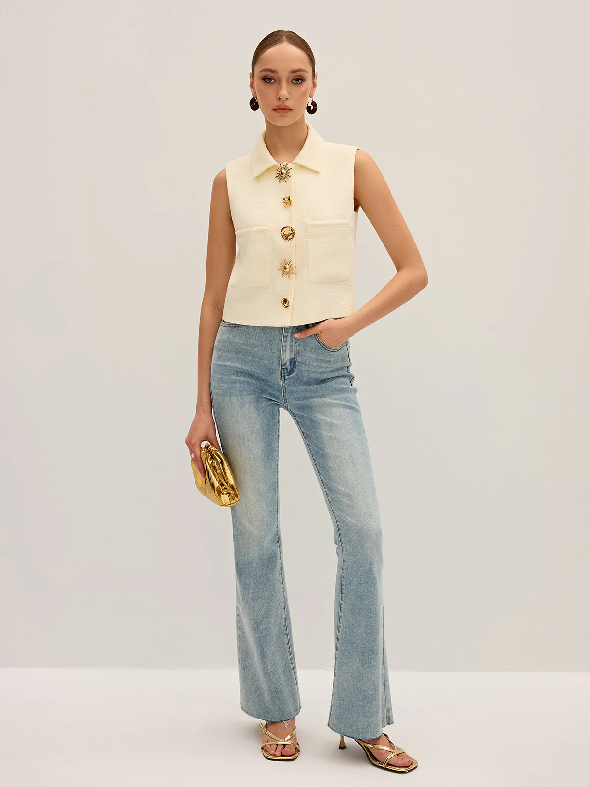 Irregular Metal Button Sleeveless Vest - Wholesalesil