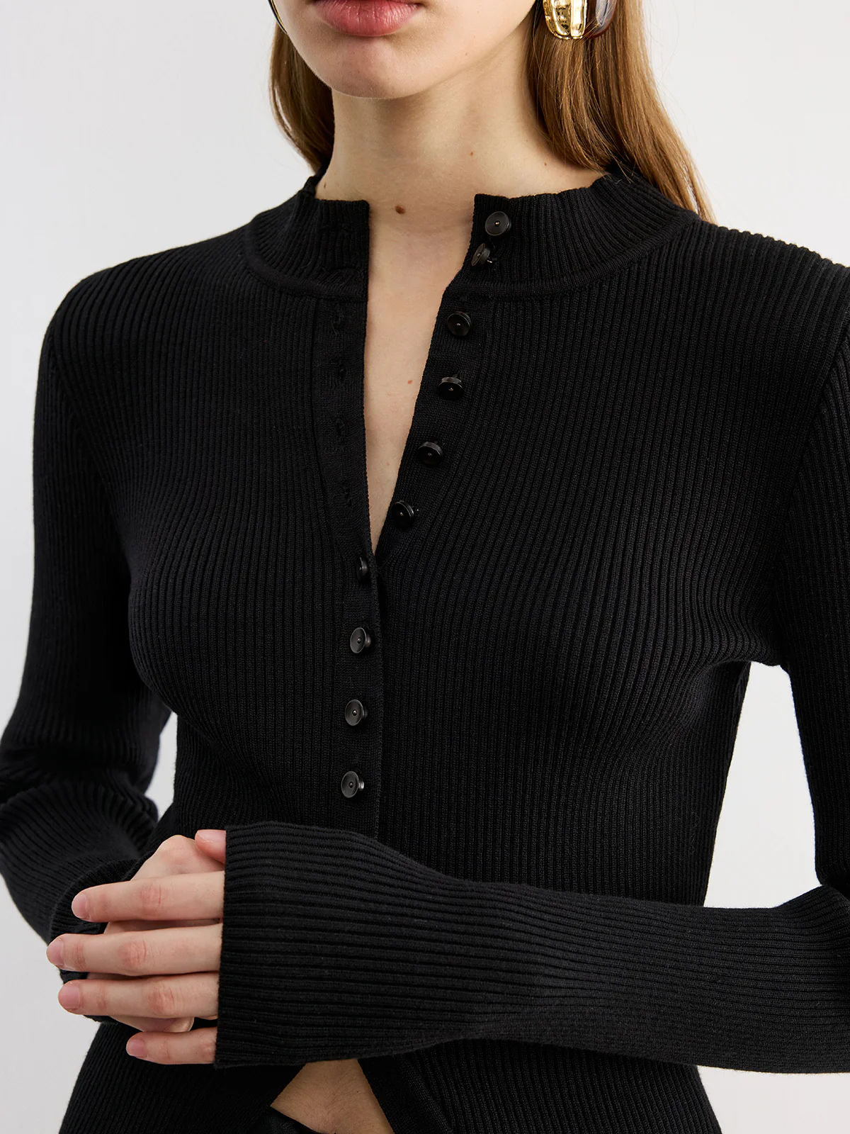 Button-Front Long-Sleeve Rib-Knit Top - Wholesalesil