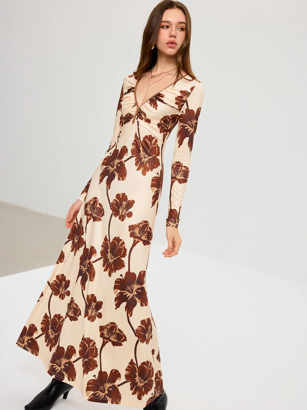 Floral Print V-Neck Maxi Dress - Wholesalesil