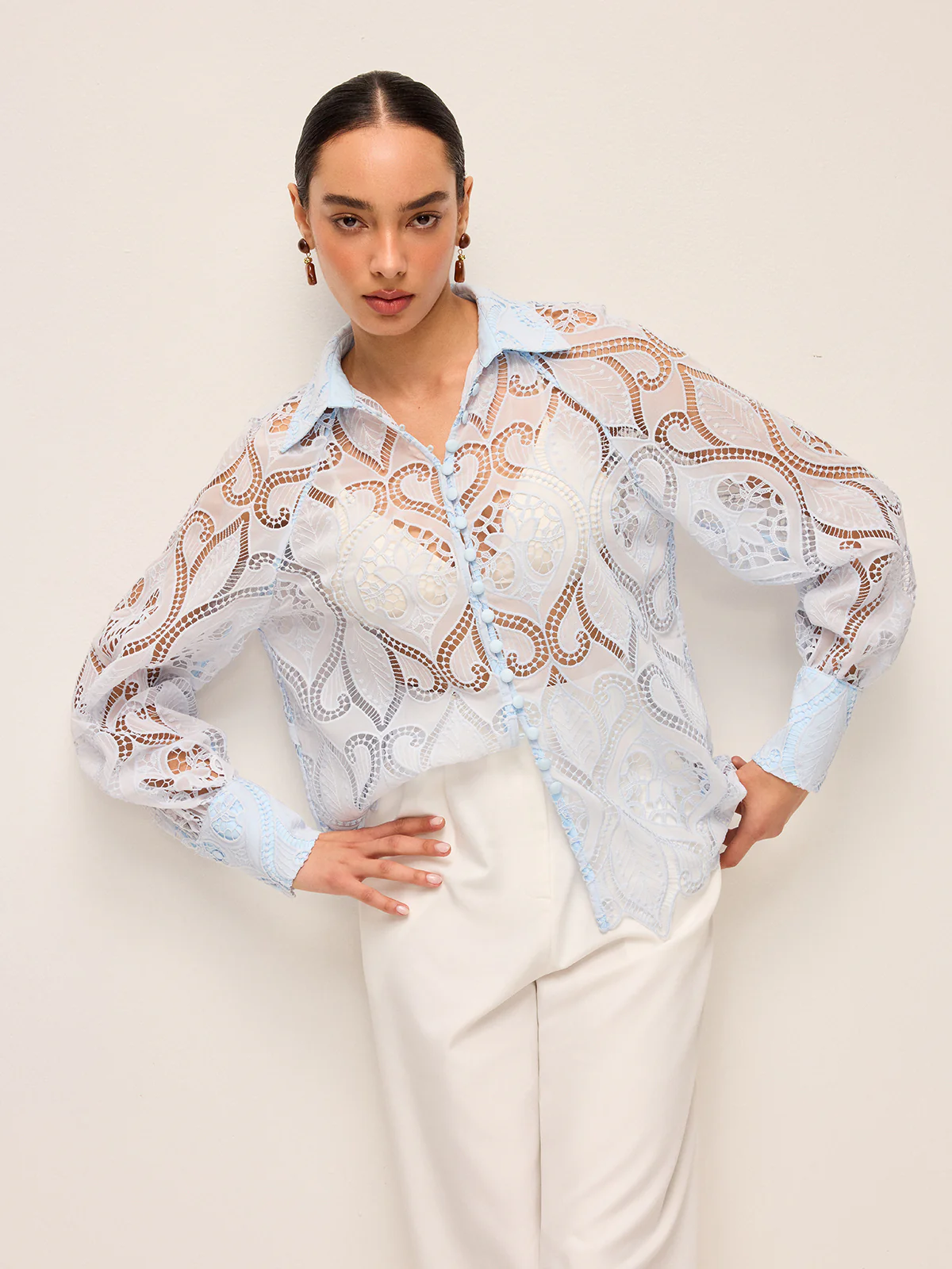 Sheer Lace Blouse With Cloth Button - Wholesalesil