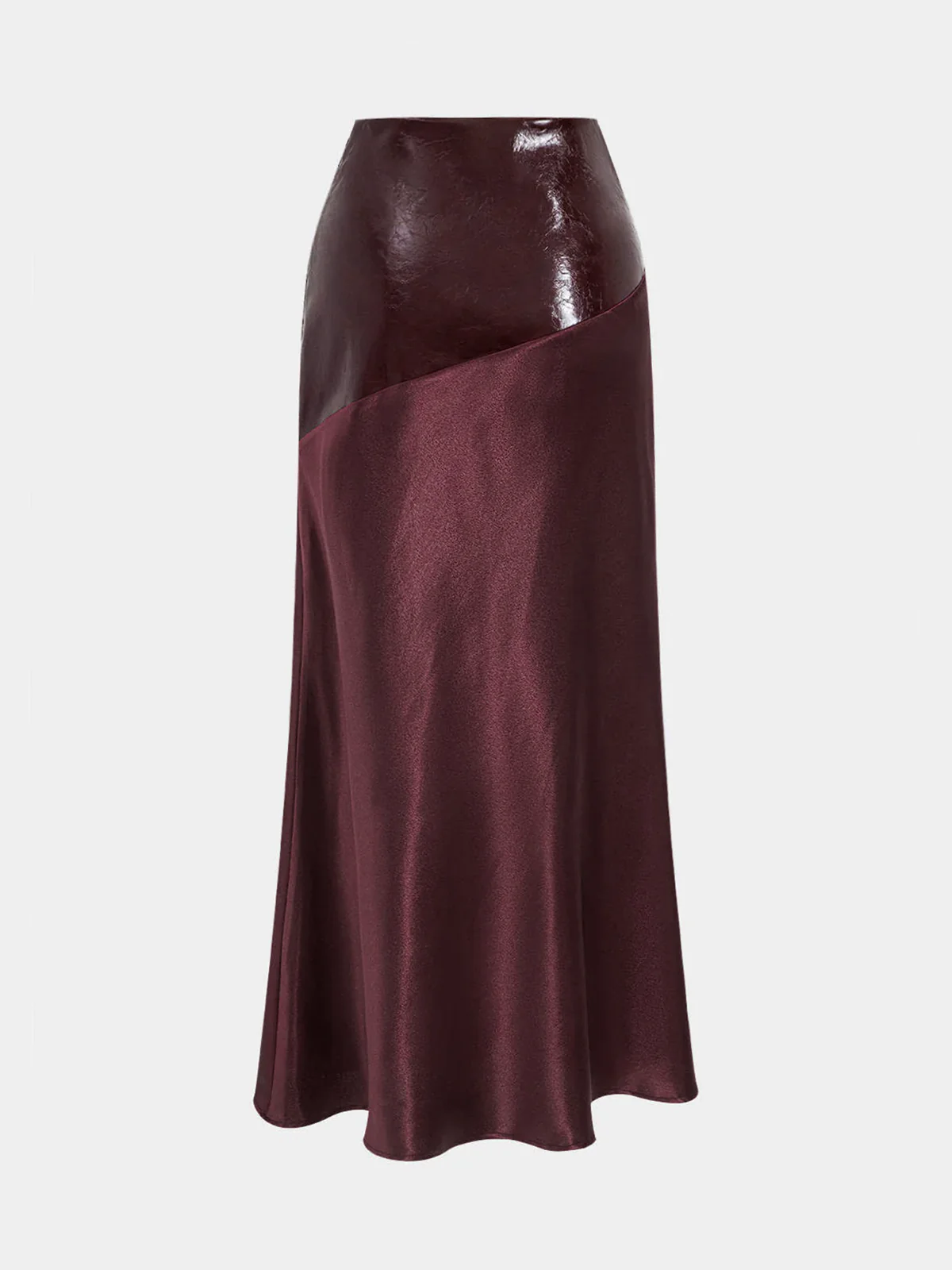 Faux Leather Panel Asymmetric Satin Maxi Skirt - Wholesalesil