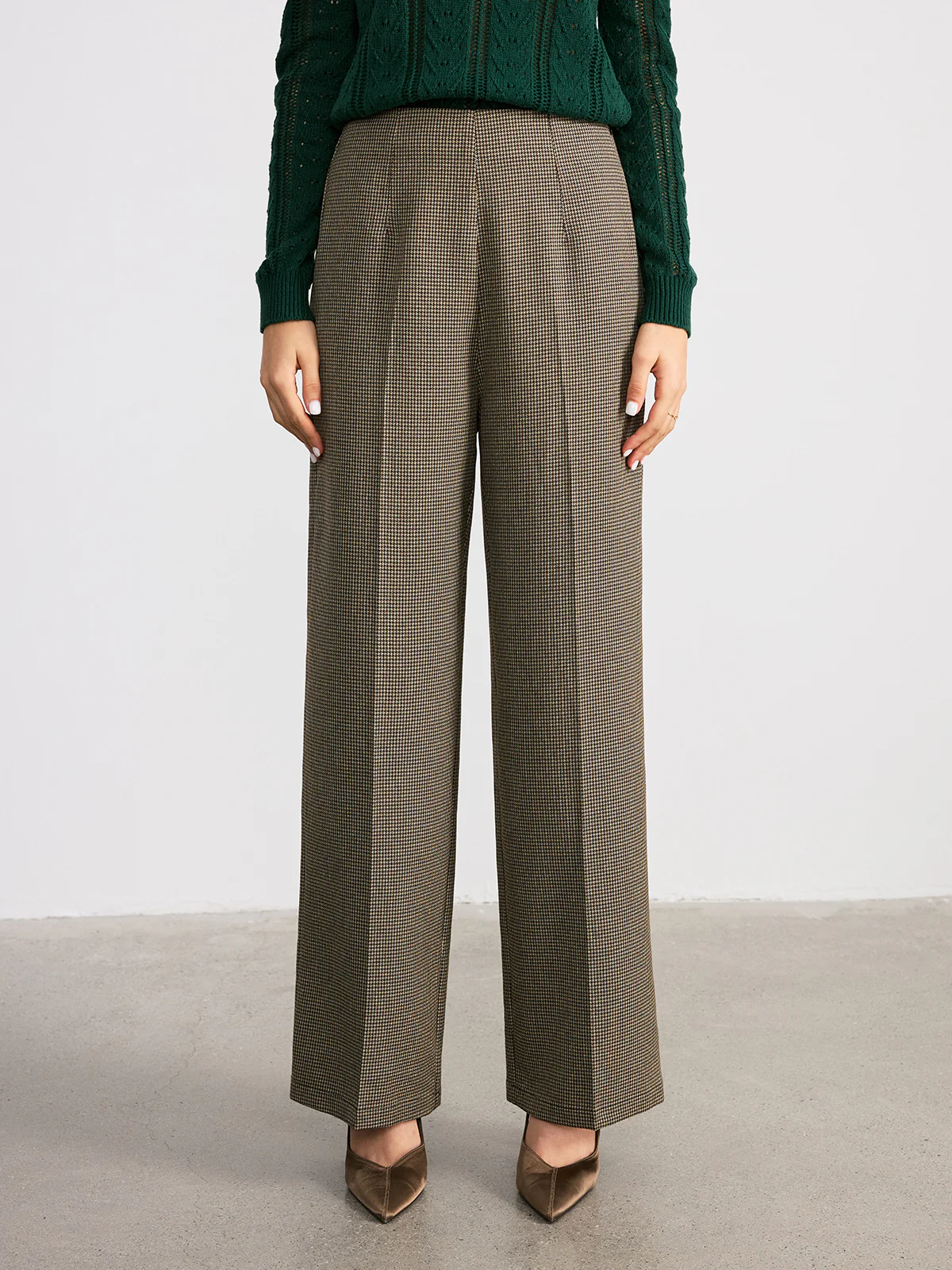 Houndstooth Mid-Waist Straight-Leg Pants - Wholesalesil