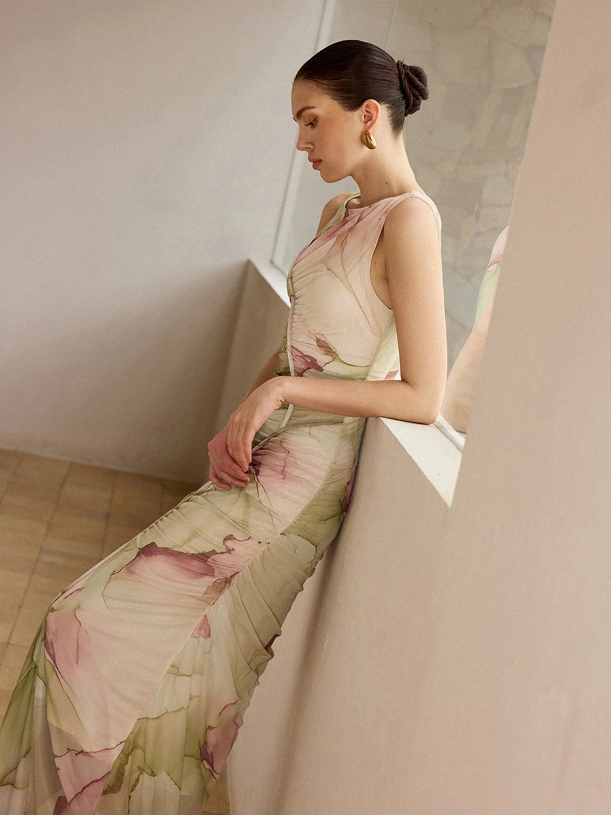 Printed Semi-Sheer Mesh Maxi Dress - Wholesalesil