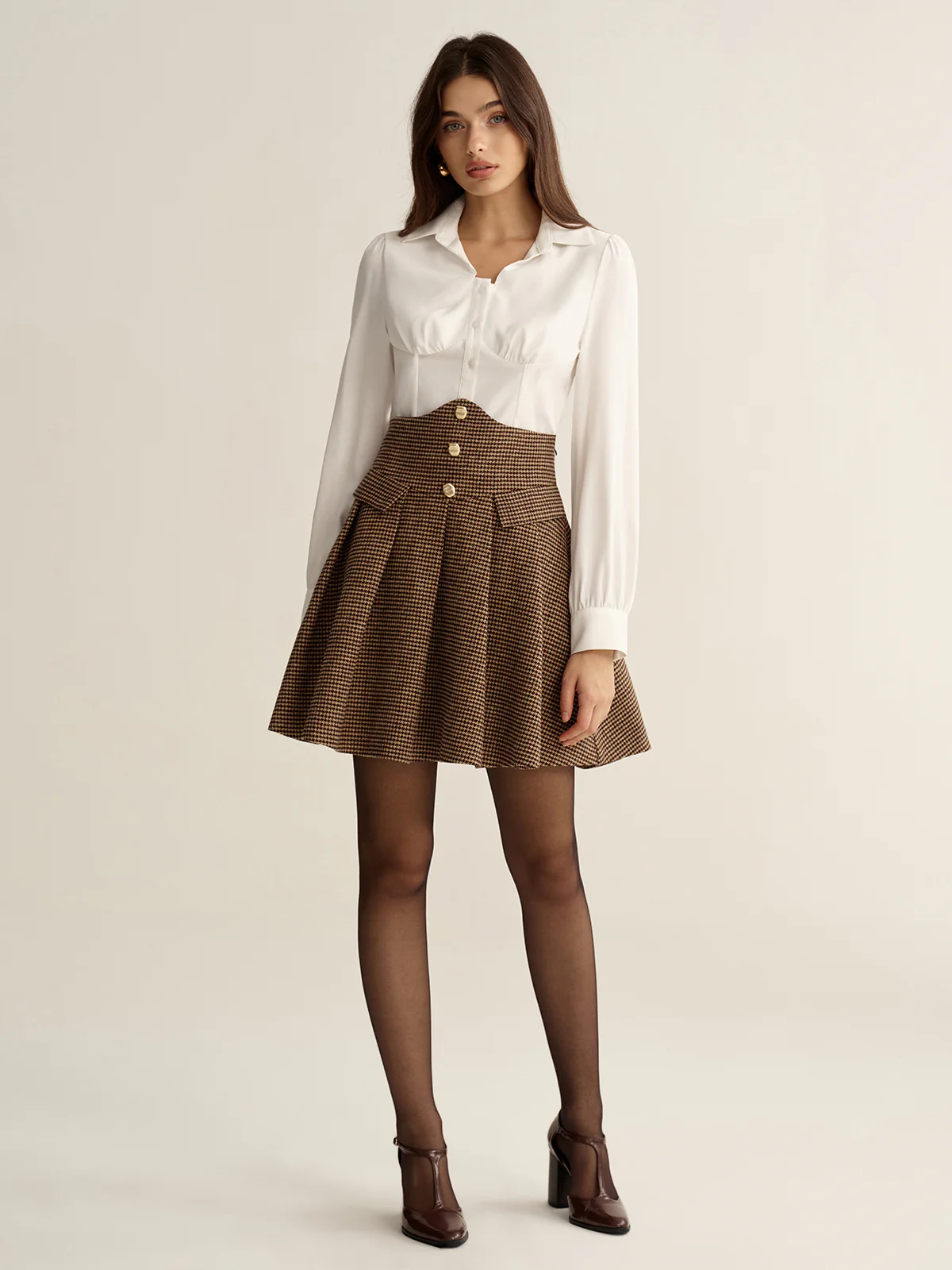 Houndstooth High-Waisted Pleated Mini Skirt - Wholesalesil