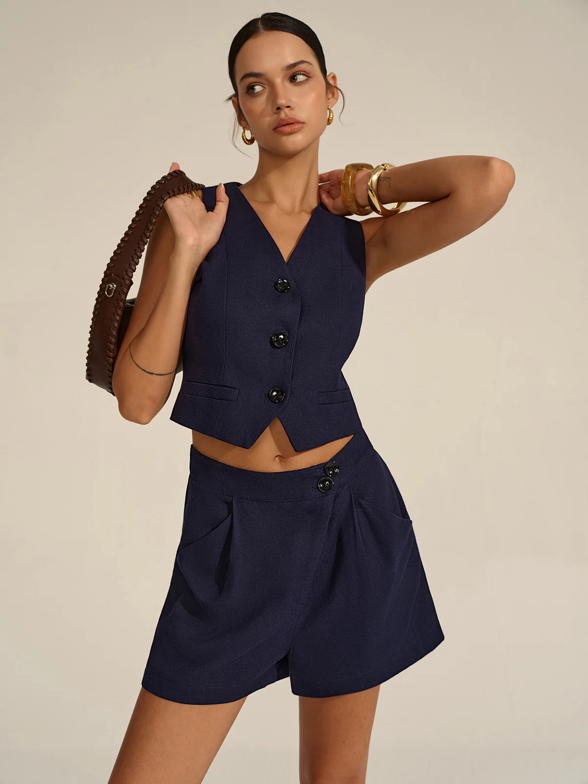 Sleeveless V-Neck Blazer Vest and Shorts Set - Wholesalesil