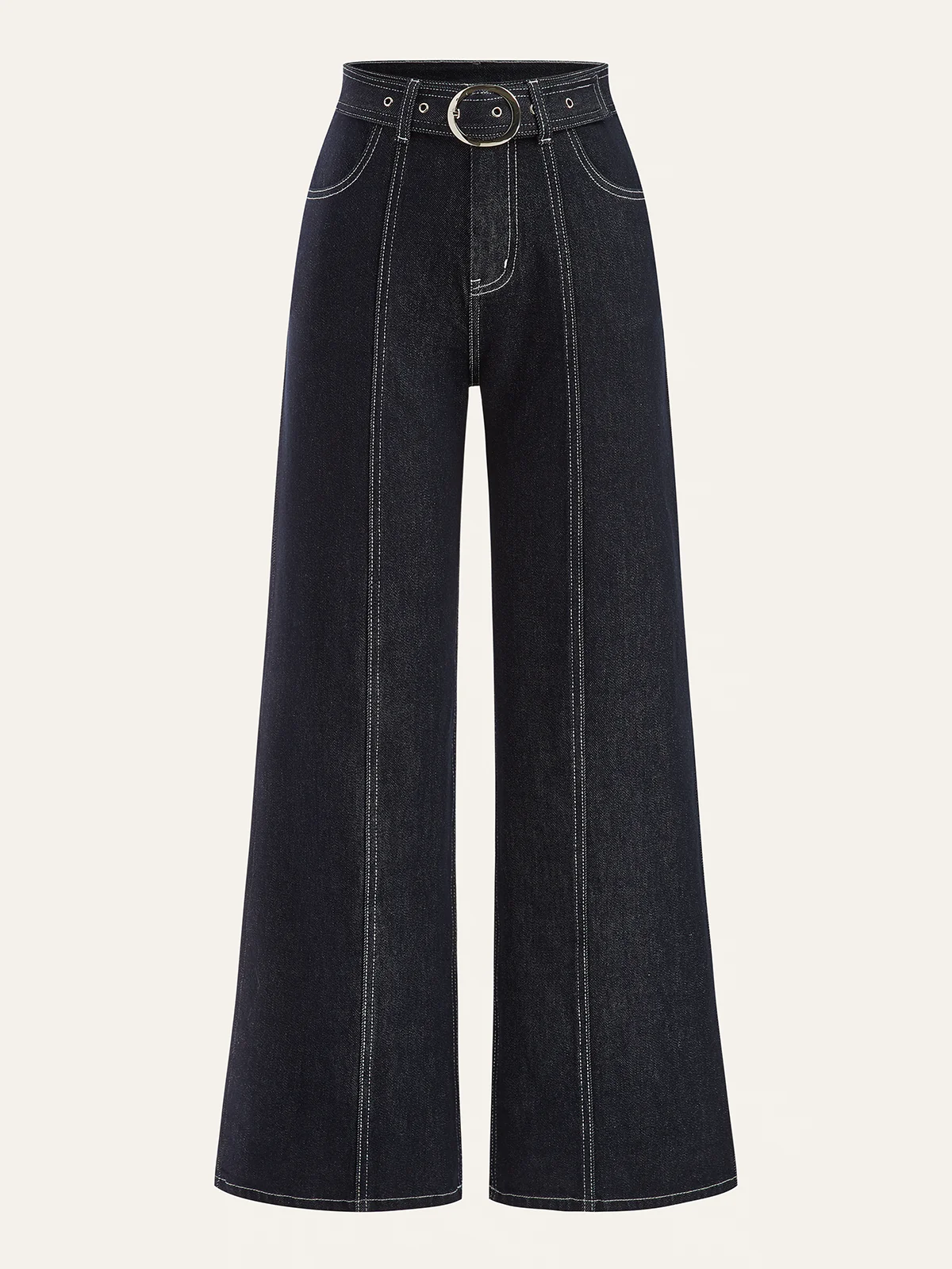 Denim Contrast-Stitch Pants with Belt - Wholesalesil