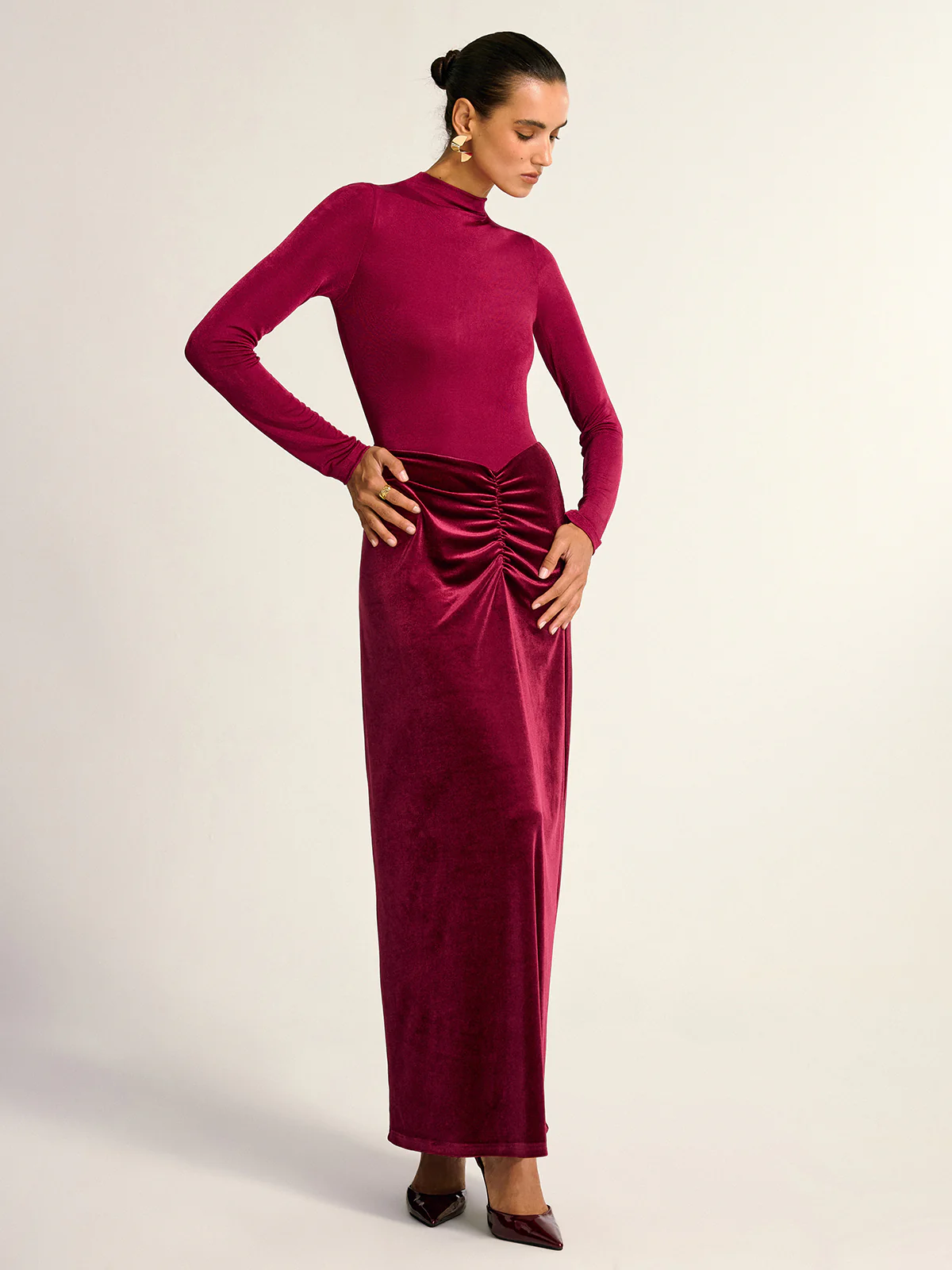 Velvet Panel Mock Neck Backless Maxi Dress - Wholesalesil