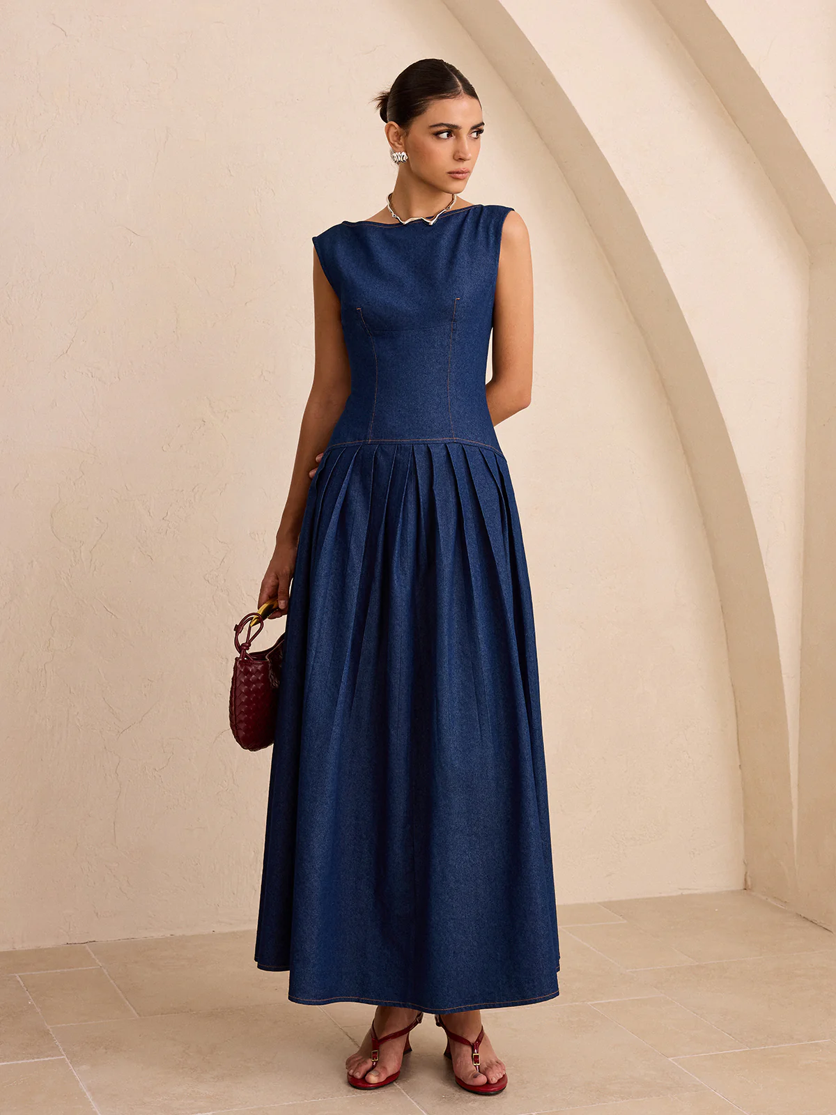 Faux Denim Sleeveless Pleated Maxi Dress - Wholesalesil