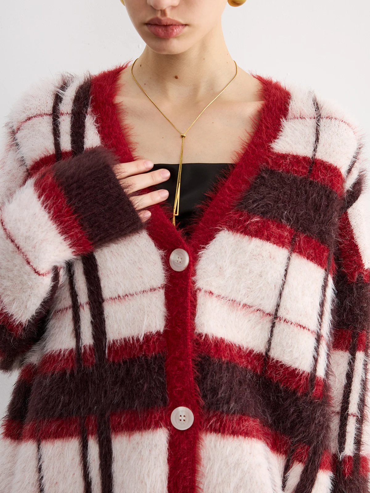 Knit Fluffy Checkered Cardigan - Wholesalesil
