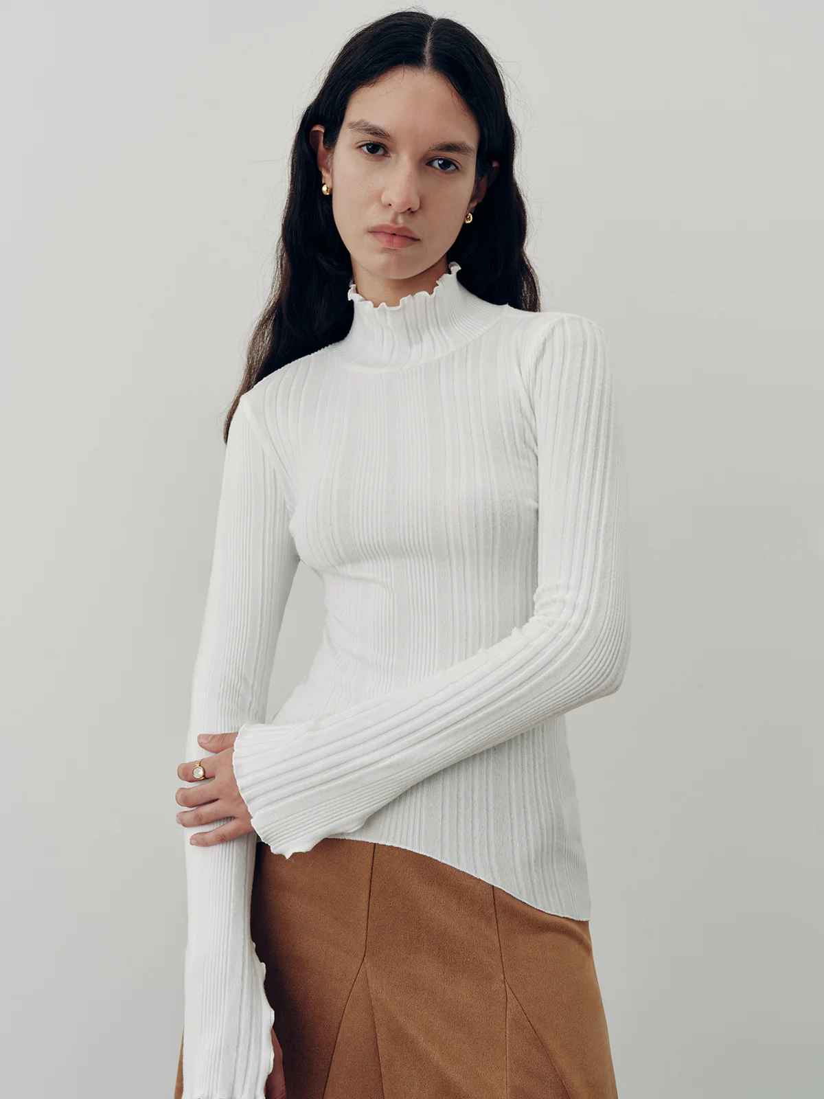 Turtleneck Ruffled Ribbed Knit Top - Wholesalesil