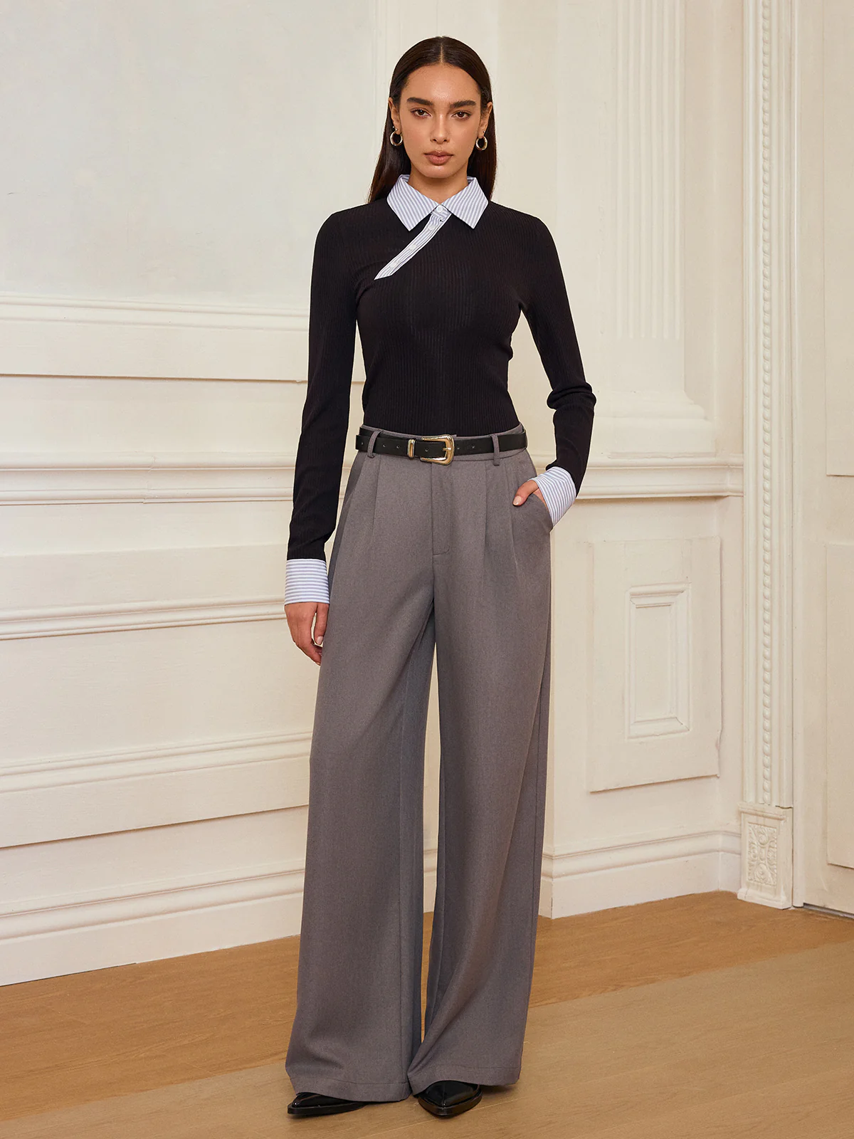 Striped Shirt Panel Ribbed Knit Top - Wholesalesil