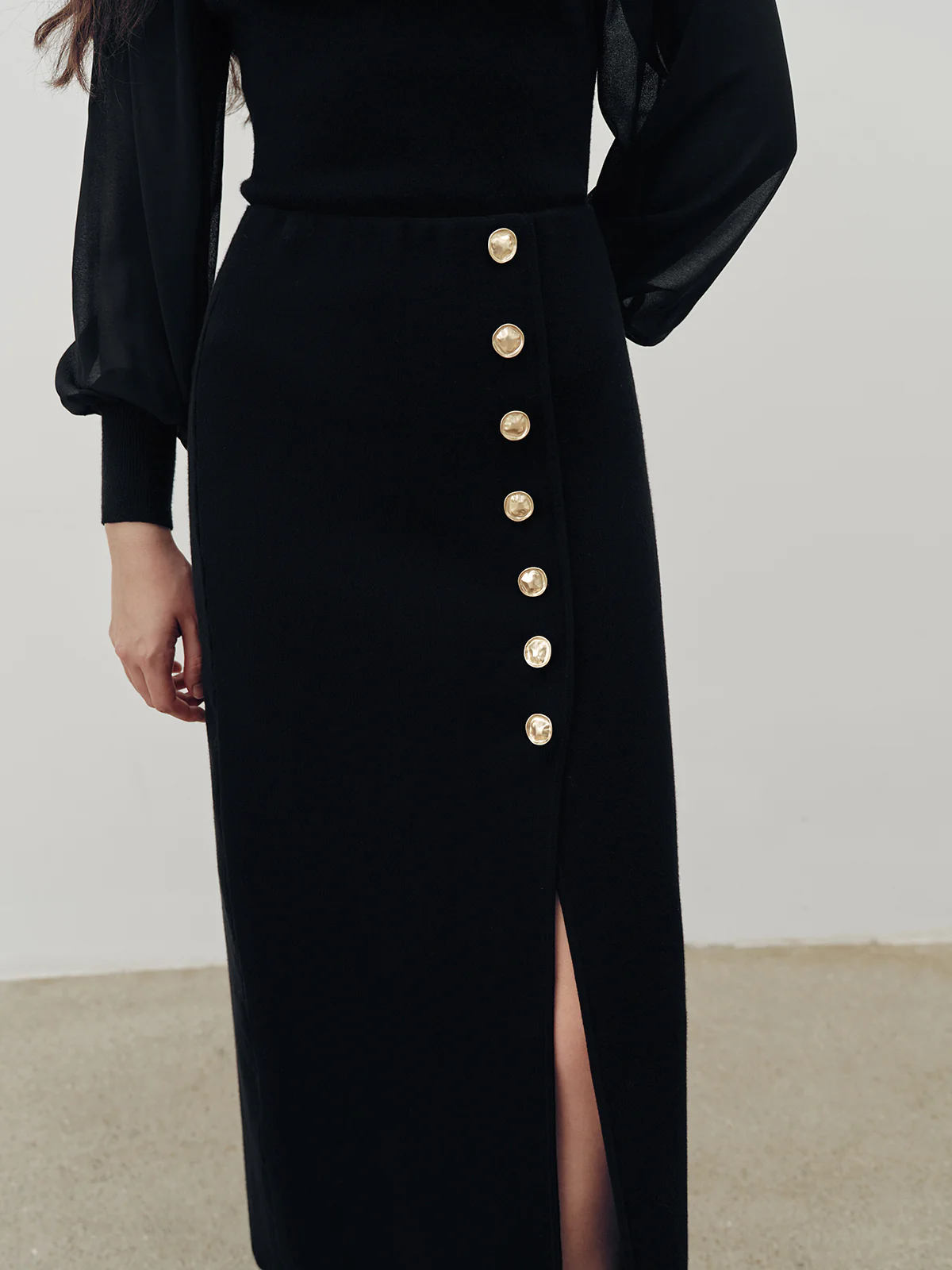 Metal Button Slit Maxi Skirt - Wholesalesil