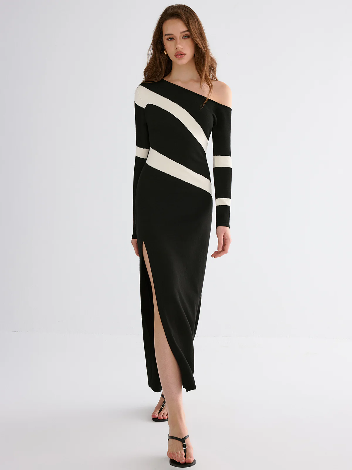 Striped Slit Off-Shoulder Maxi Dress - Wholesalesil