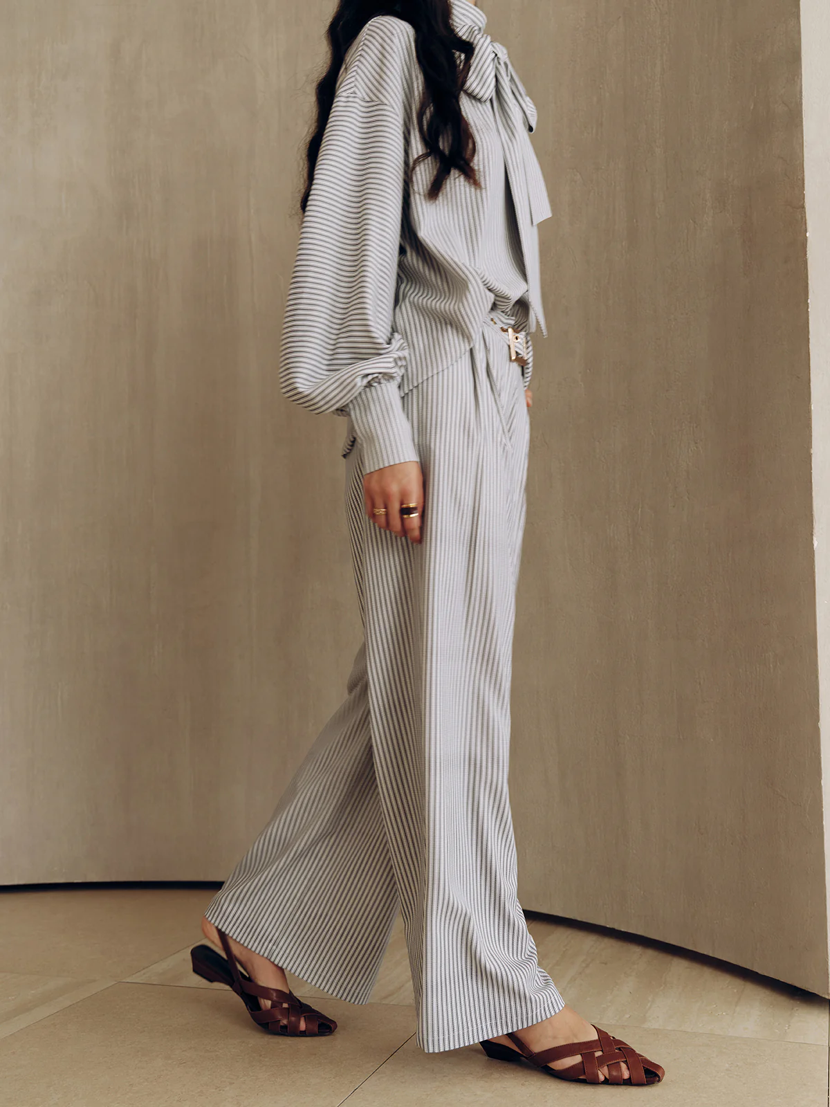 Belted Striped High-Waisted Wide-Leg Pants - Wholesalesil