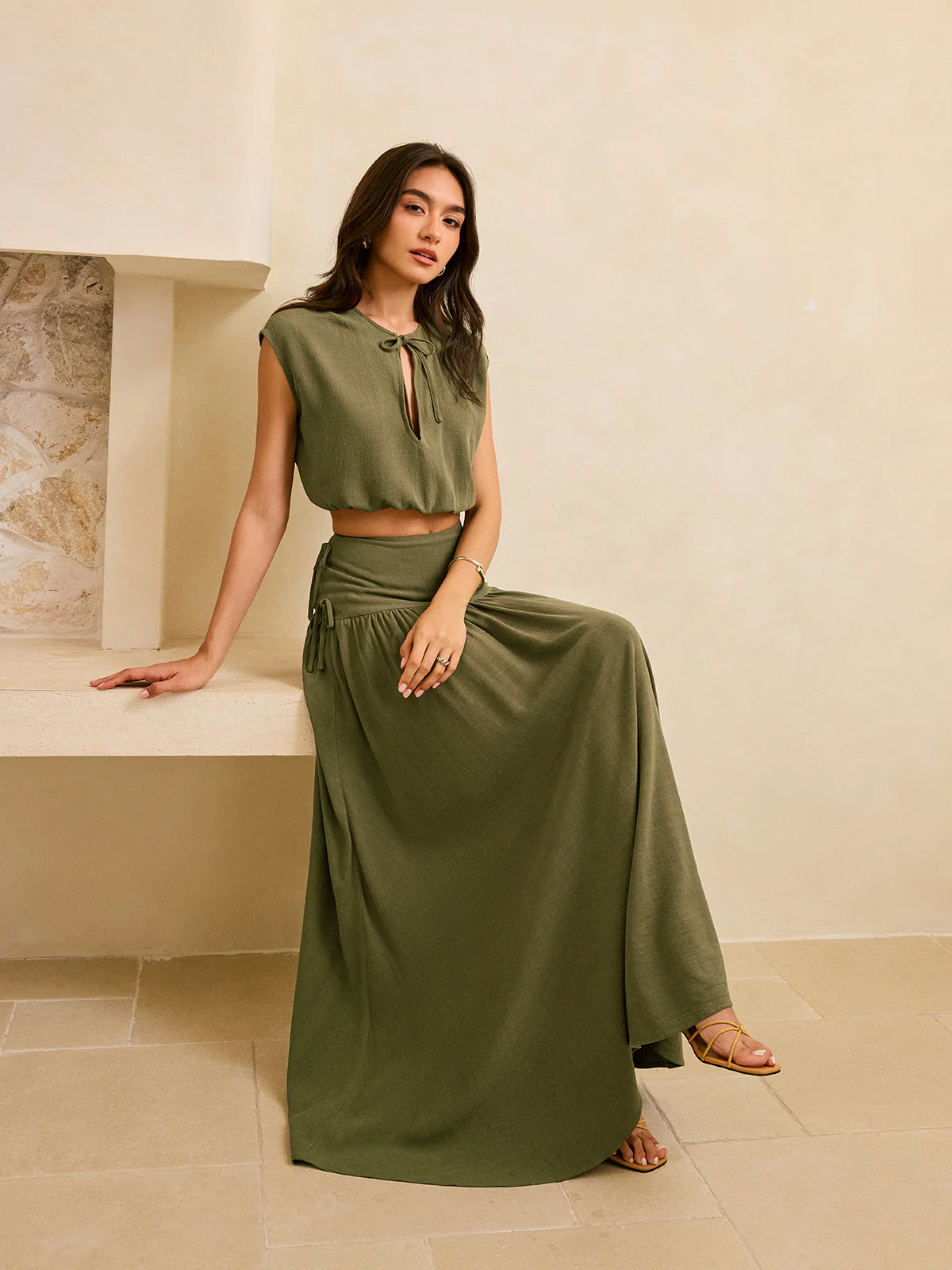 Tie-Detail Crop Top and Maxi Ruffled Skirt Set - Wholesalesil