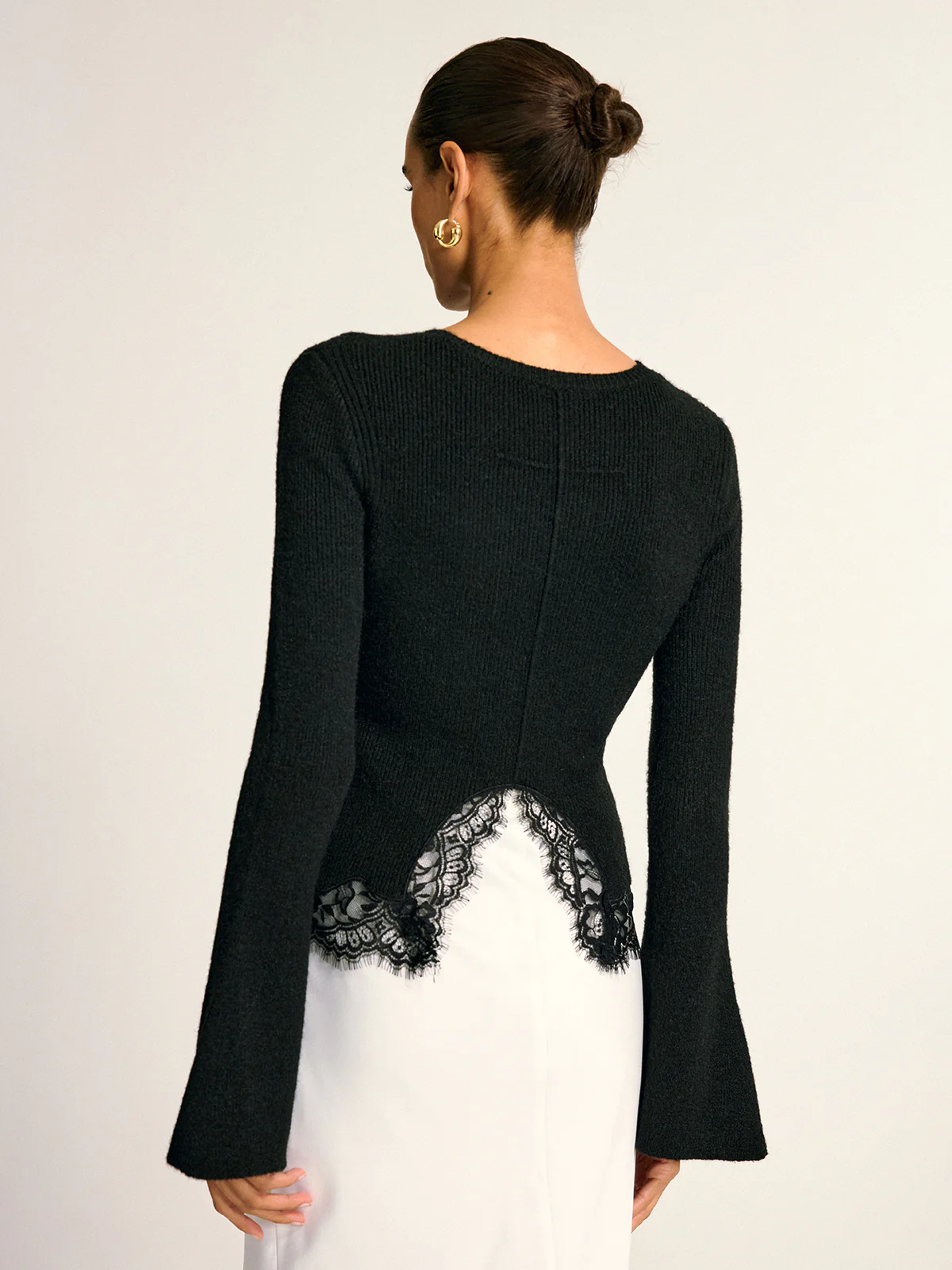 Lace Hem Bell Sleeve Wool Blend Knit Top - Wholesalesil