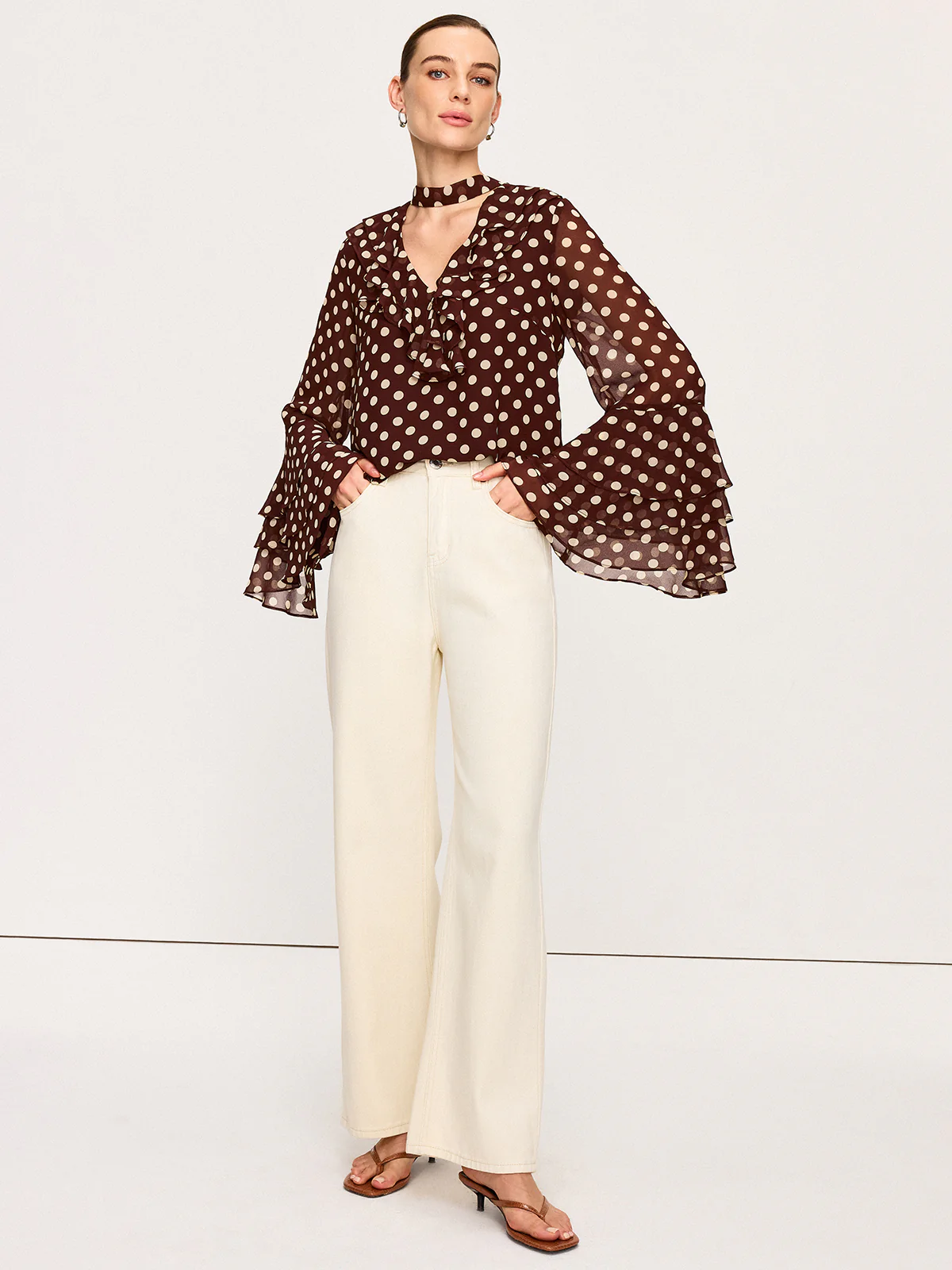 Semi-Sheer Polka Dot Bell-Sleeve Chiffon Blouse - Wholesalesil