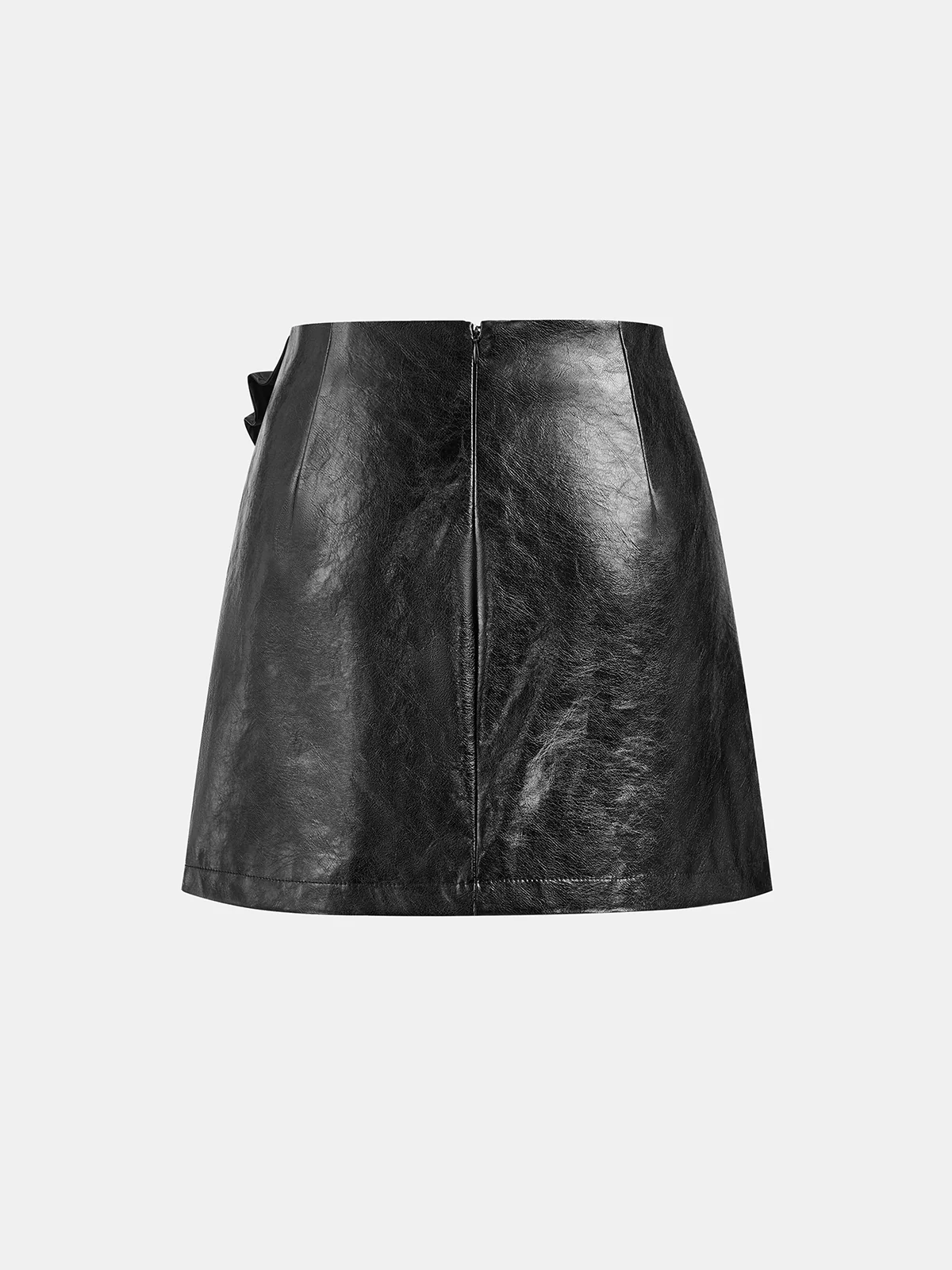Metal Buckle Faux Leather Asymmetric Mini Skirt - Wholesalesil
