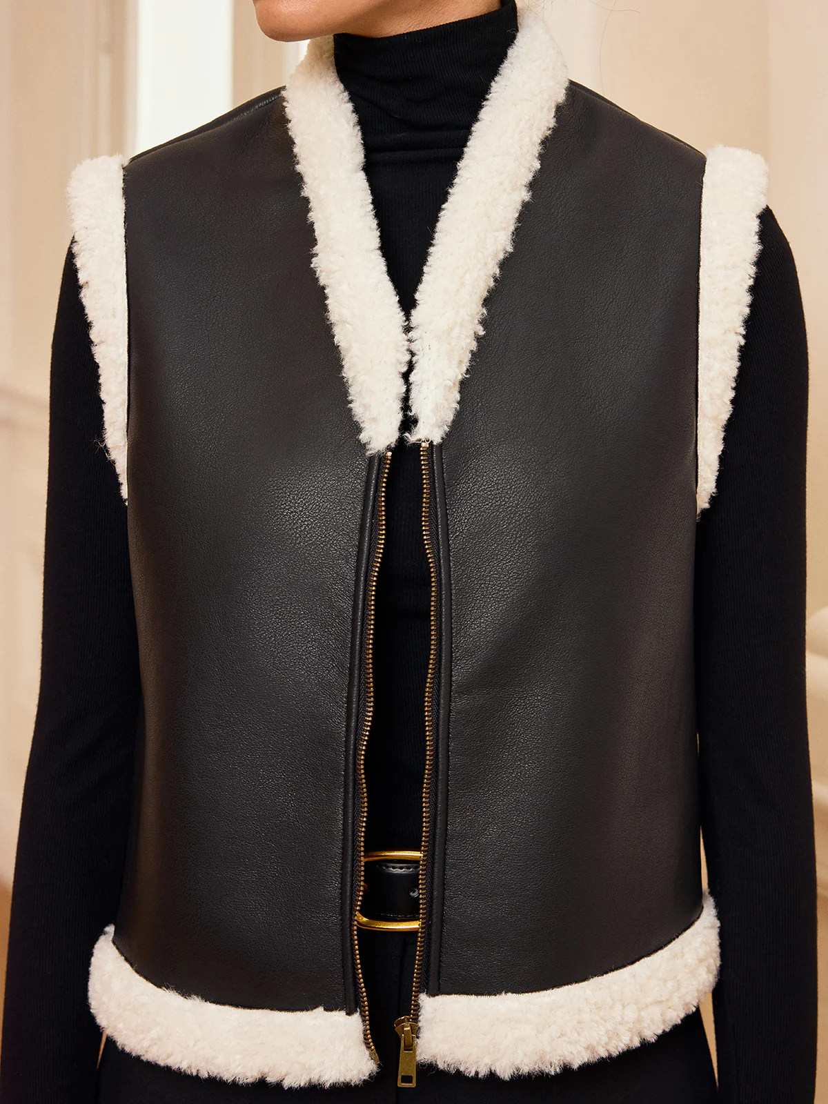 Shearling Trim Zip-Up Faux Leather Vest - Wholesalesil