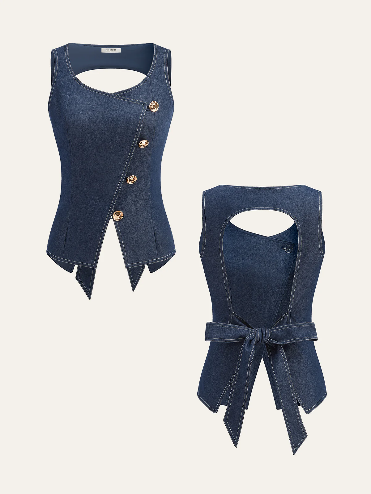 Asymmetric Button Bow Detail Vest - Wholesalesil