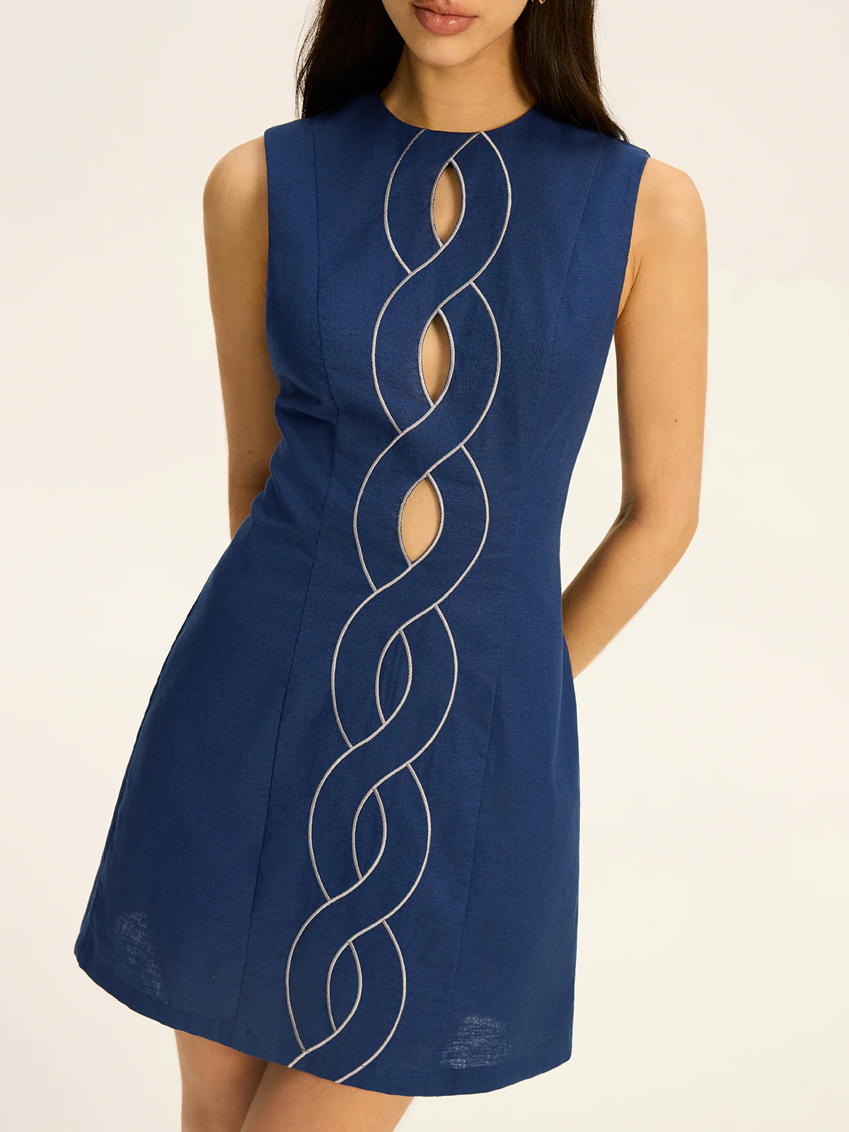 Linen & Cotton Cut-Out Contrast-Stitch Mini Dress - Wholesalesil