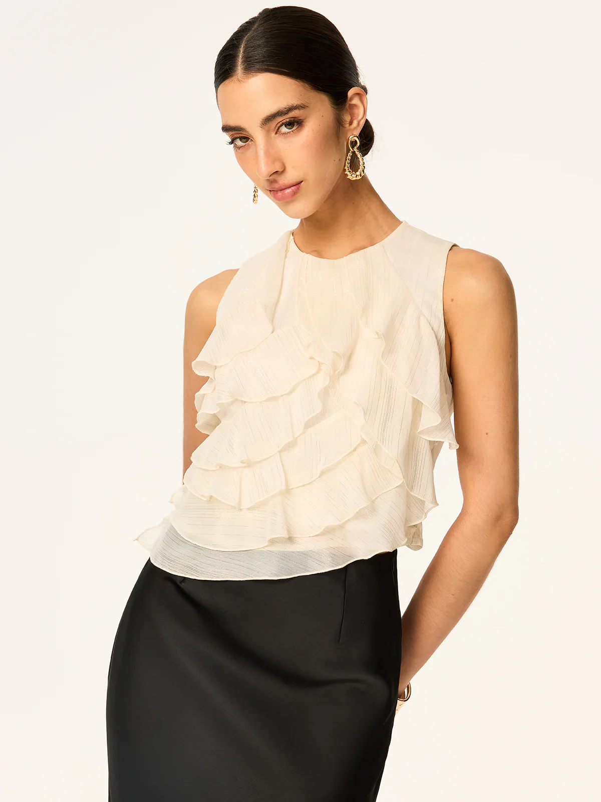 Semi-Sheer Ruffled Sleeveless Chiffon Top - Wholesalesil