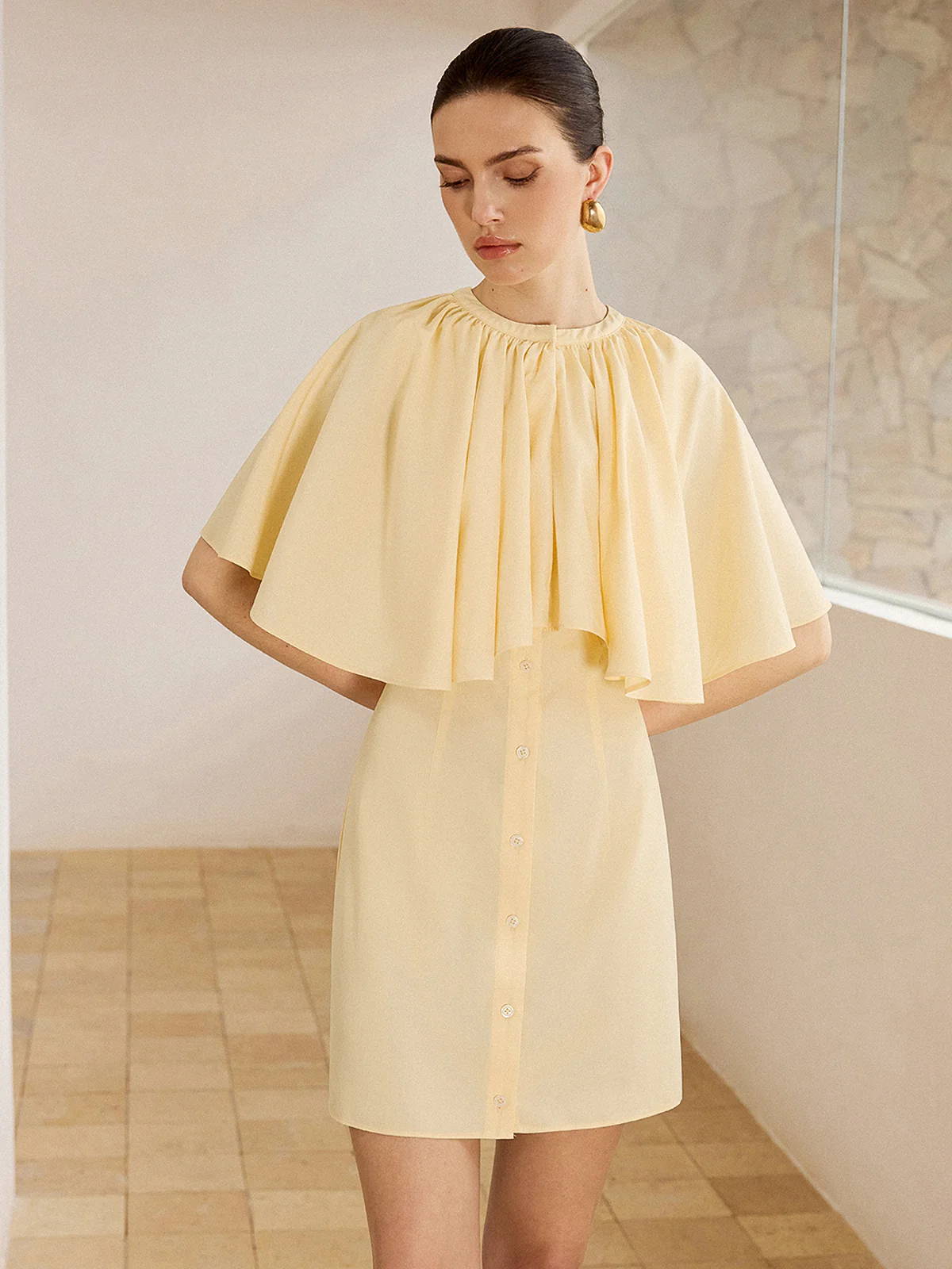 Cape-Sleeve Button-Front Mini Dress - Wholesalesil