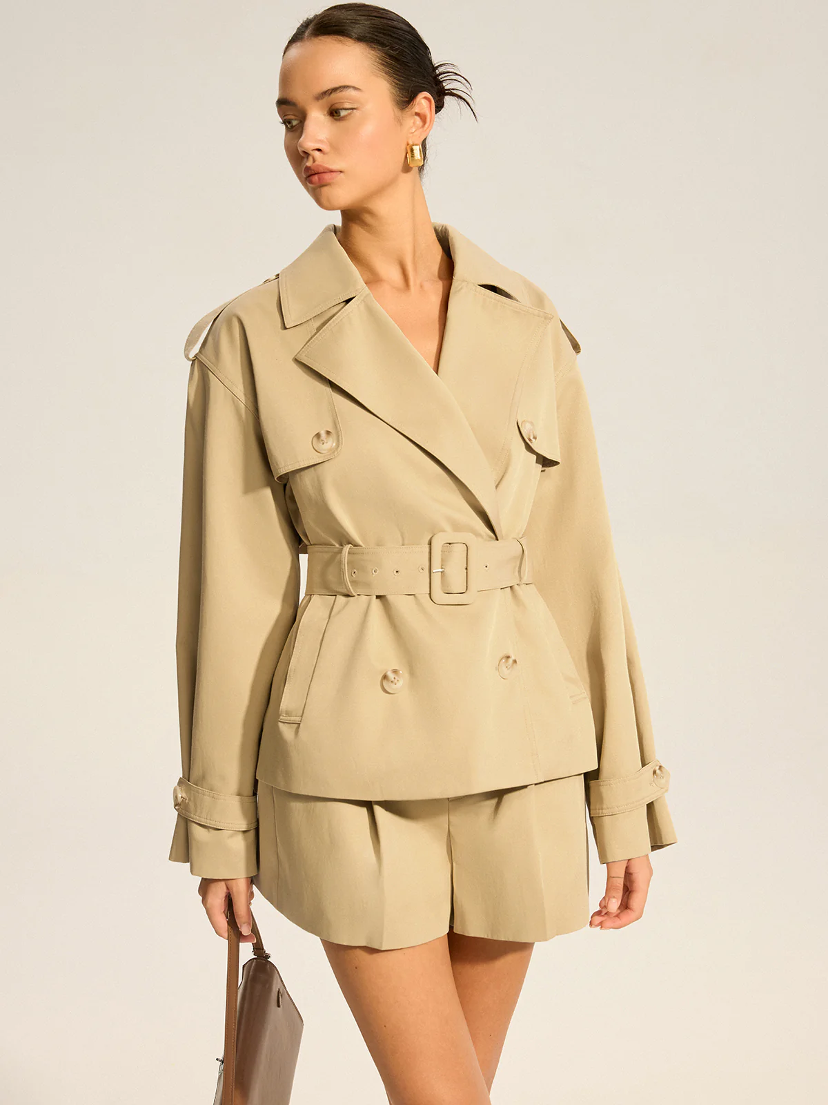 Cotton Blend Belted Double-Breasted Trench Coat - Wholesalesil