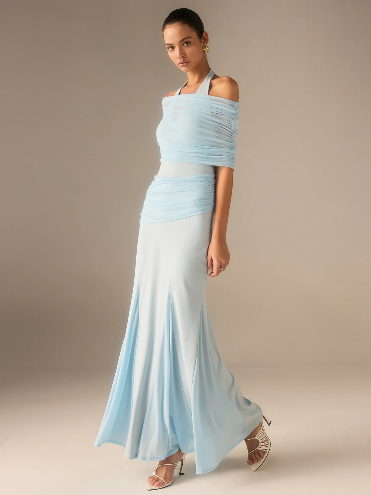 Semi-Sheer Elastic Mesh Ruched Maxi Dress - Wholesalesil