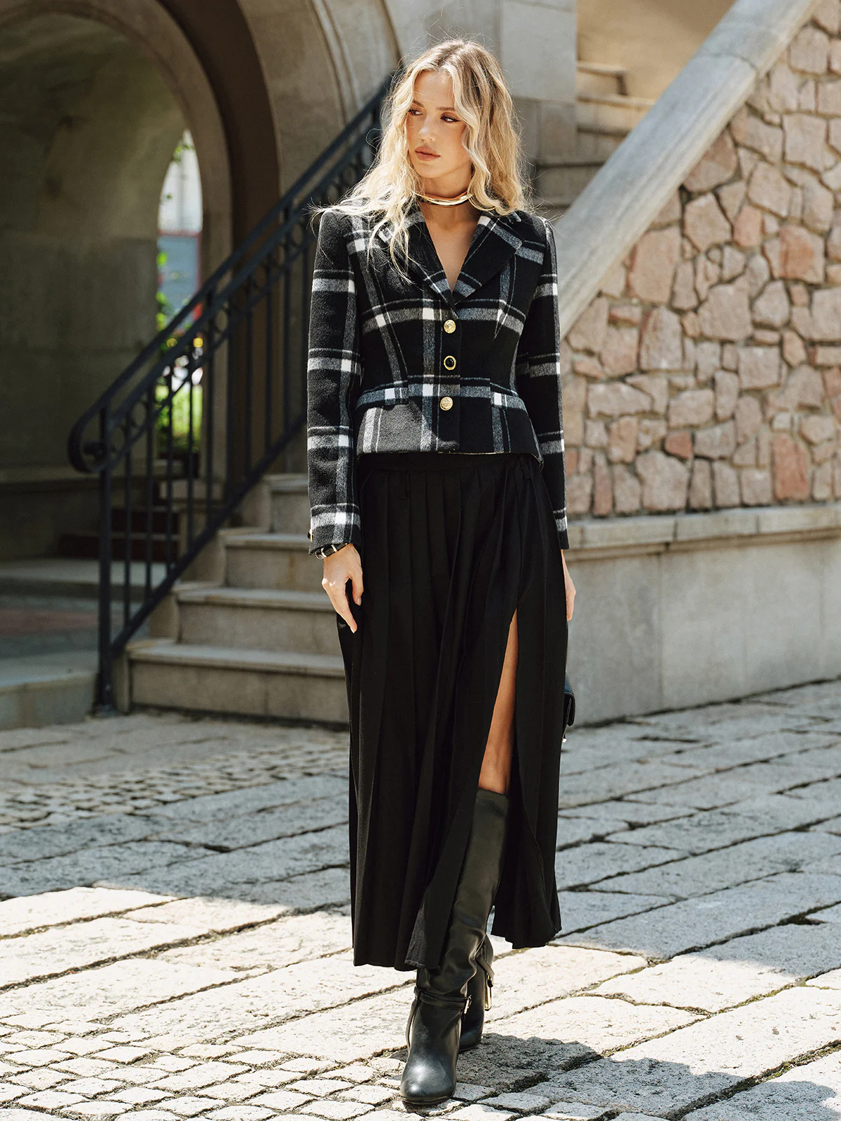 Plaid Wool Blend Blazer - Wholesalesil