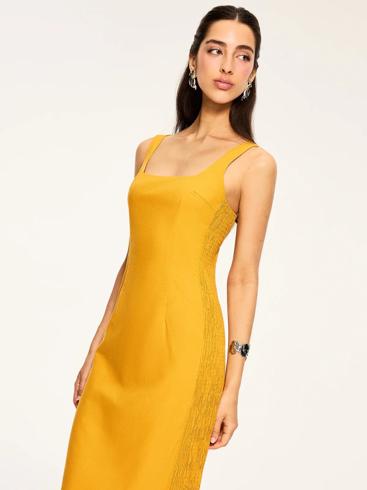 Cotton & Linen Shirred Midi Dress - Wholesalesil