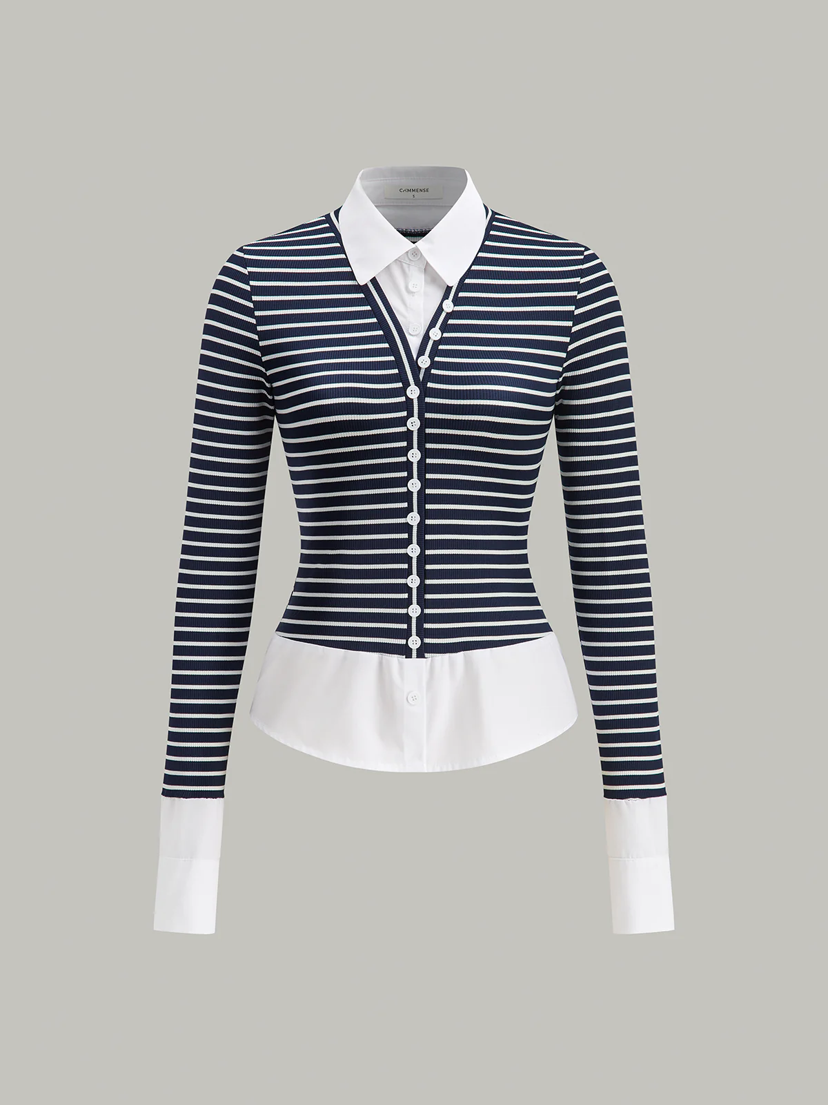 2 in 1 Striped Ribbed Paneled Long-Sleeve Blouse - Wholesalesil