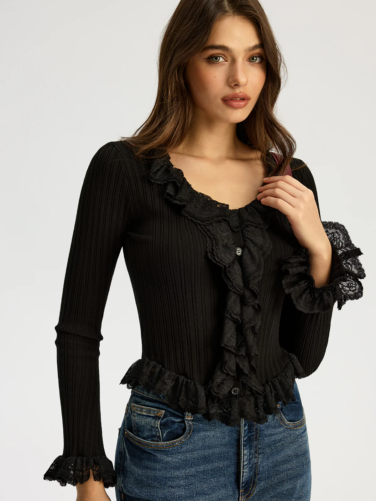 Ruffled Ribbed Long-sleeve Knit Top - Wholesalesil