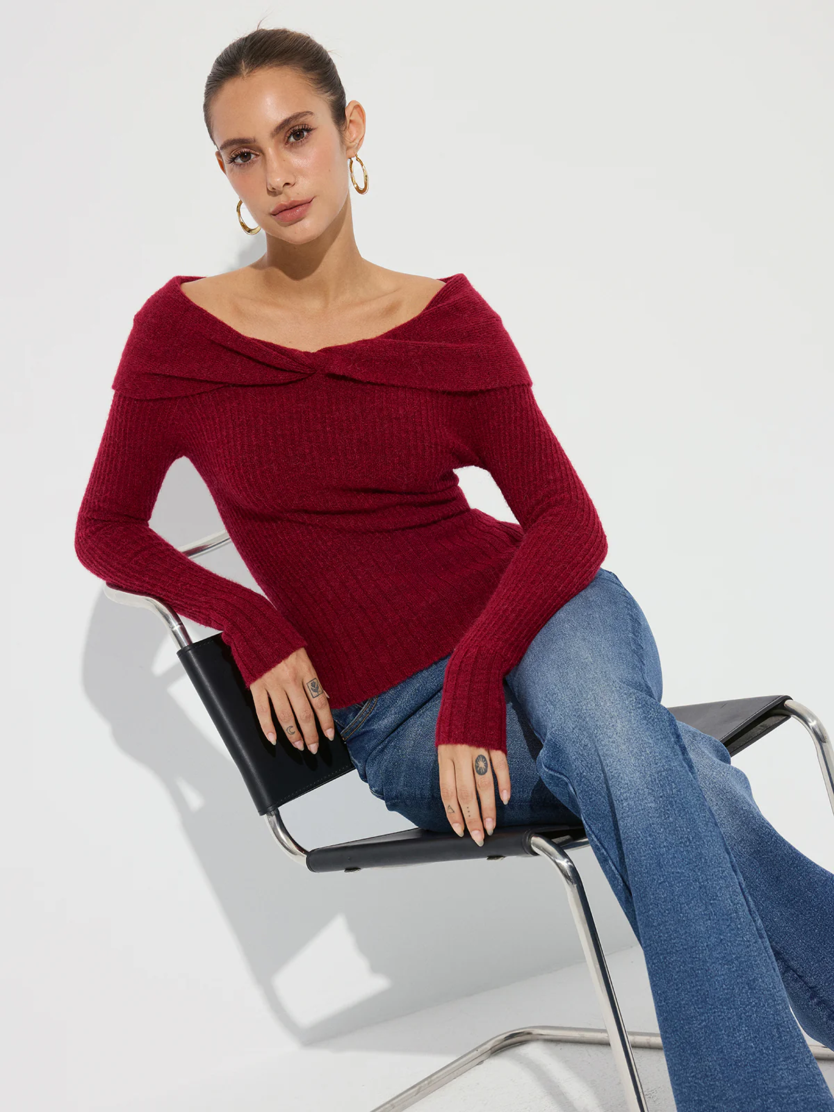 Wool Blend Twisted Off-Shoulder Knit Sweater - Wholesalesil