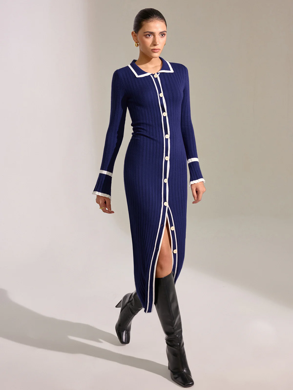 Contrast Trim Button Front Slim Fit Midi Dress - Wholesalesil