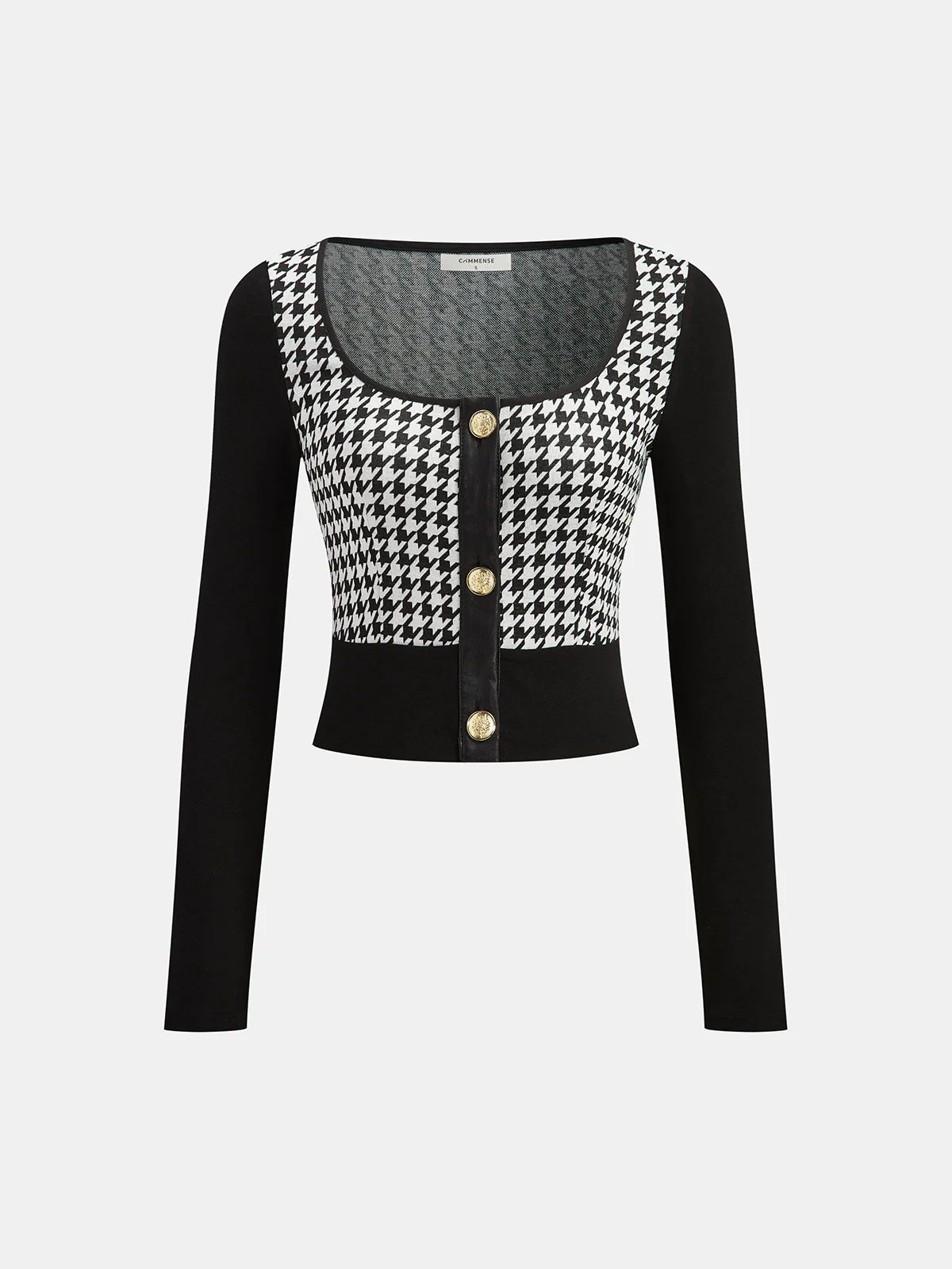 Houndstooth Paneled Cropped Knit Blouse - Wholesalesil