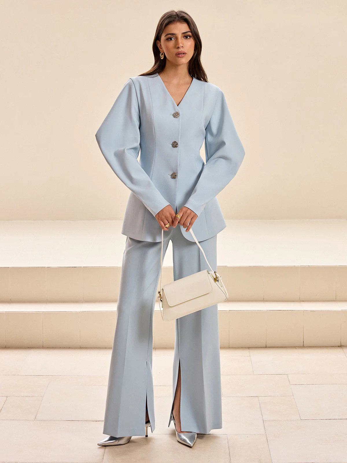 Puffed Sleeve V-Neck Blazer - Wholesalesil